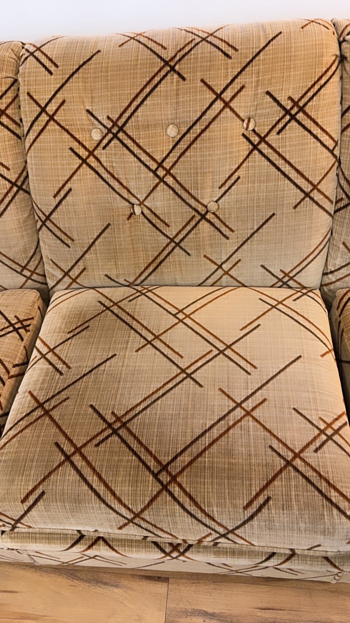 Vintage 1980s Retro Sofa & Chair Set – Crushed Velvet Plaid/Geometric
