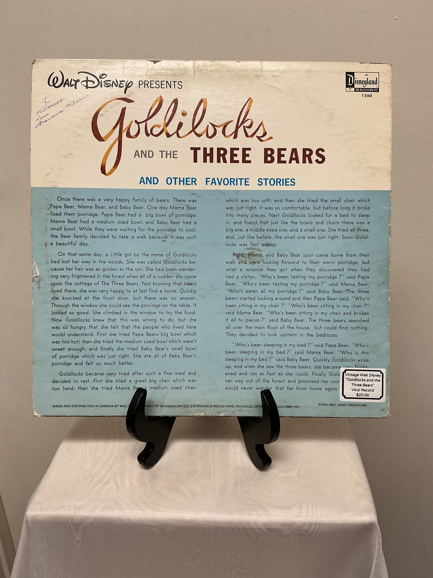 Goldilocks and The Three Bears- Walt Disney Vinyl Record
