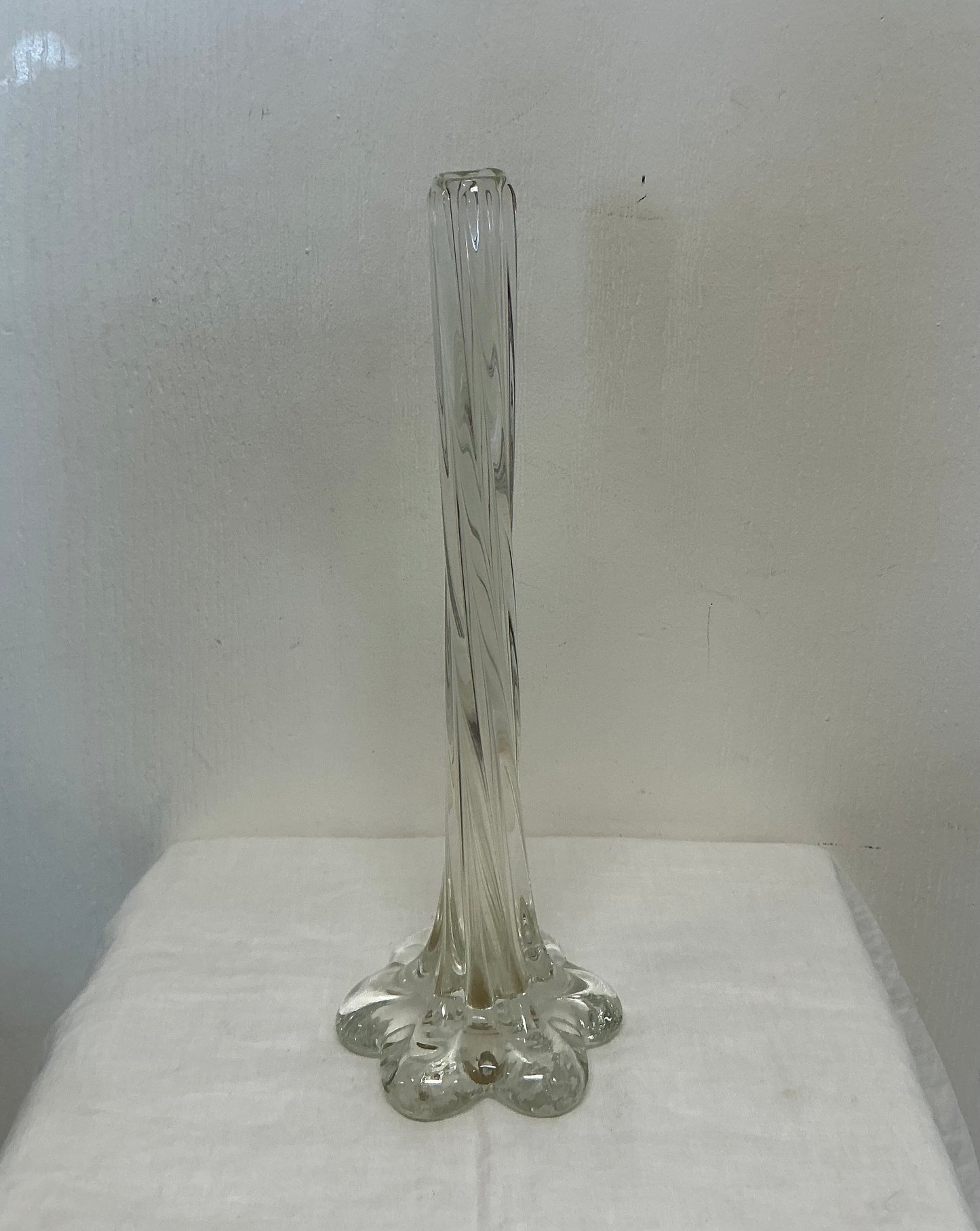 Tall Twisted Clear Glass Ribbed Footed Vase