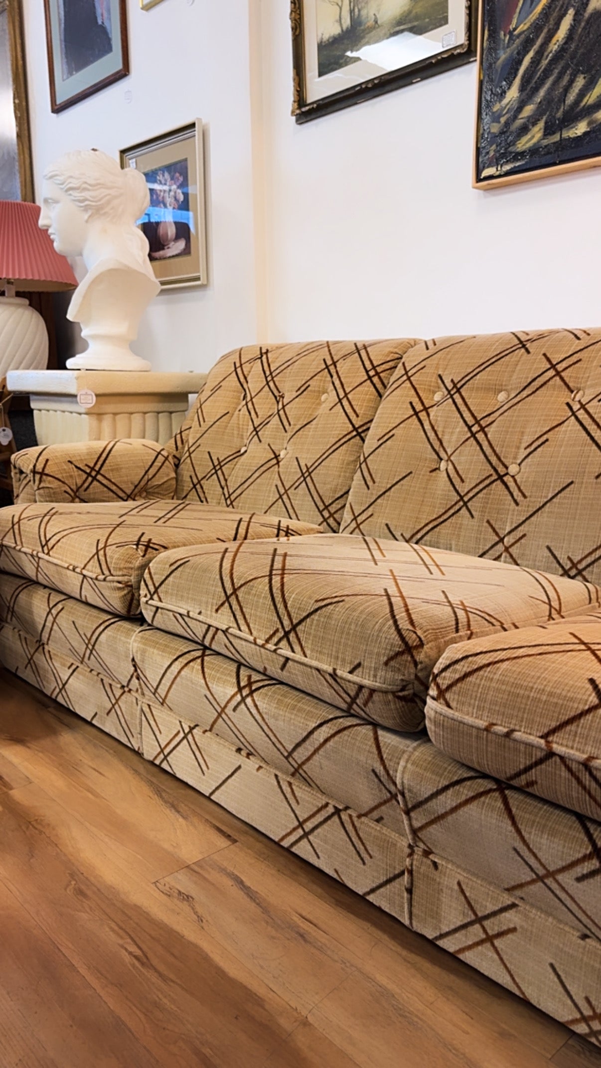 Vintage 1980s Retro Sofa & Chair Set – Crushed Velvet Plaid/Geometric