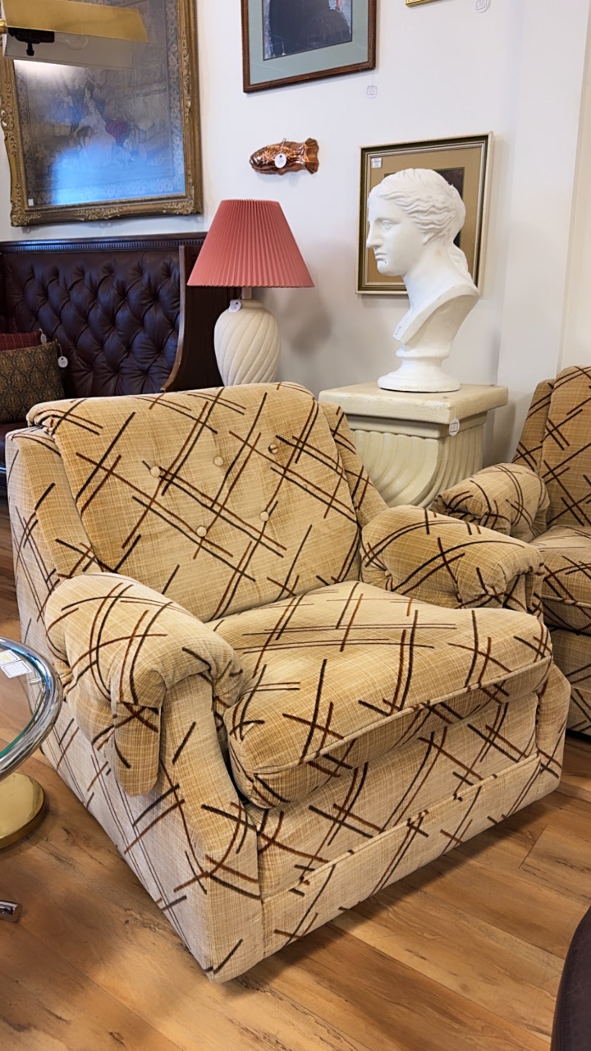 Vintage 1980s Retro Sofa & Chair Set – Crushed Velvet Plaid/Geometric
