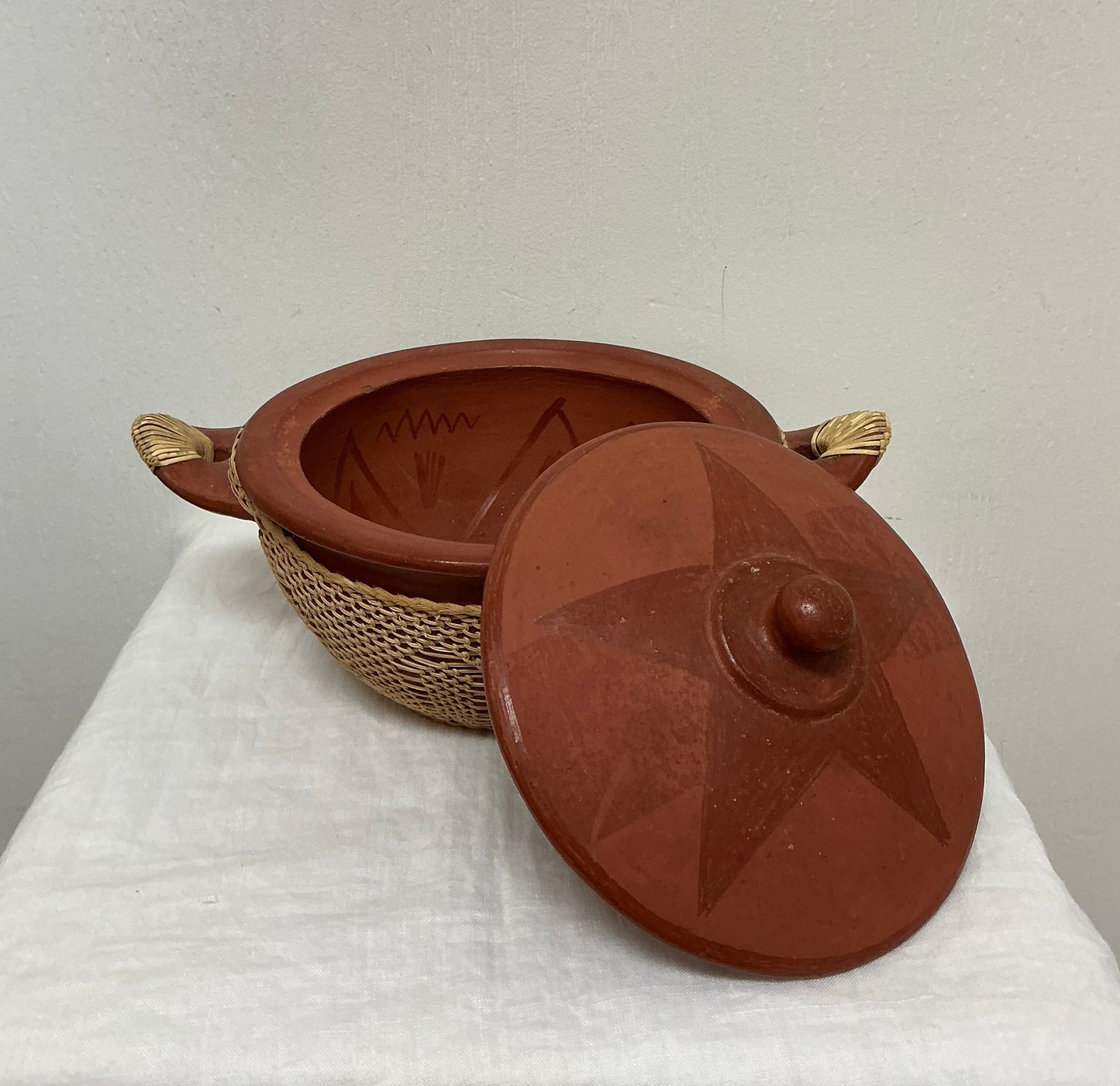 Indonesian Sasak Lombok Terracotta Pot with Rattan Wrapped Lid