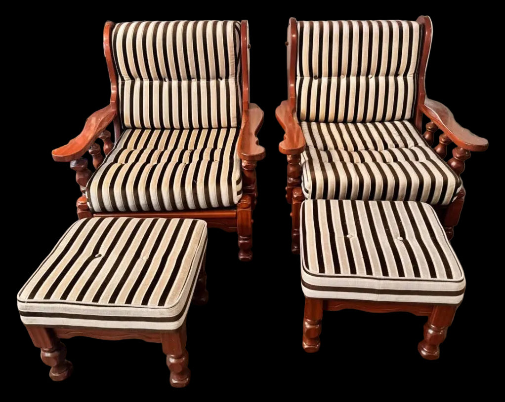 1970s Danish-Style Carved Oak Lounge Chairs with Ottoman