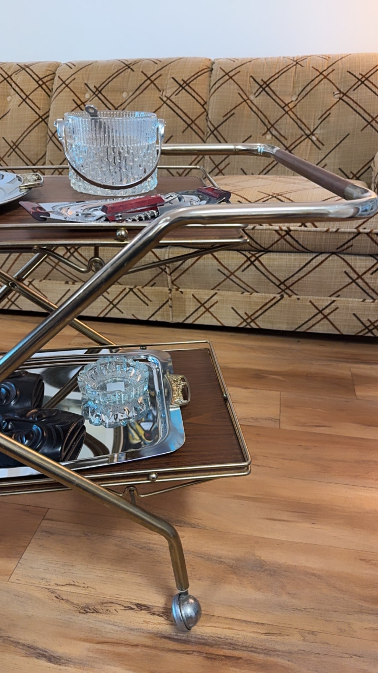 Vintage Mid-Century Modern Brass & Wood Veneer Bar Cart