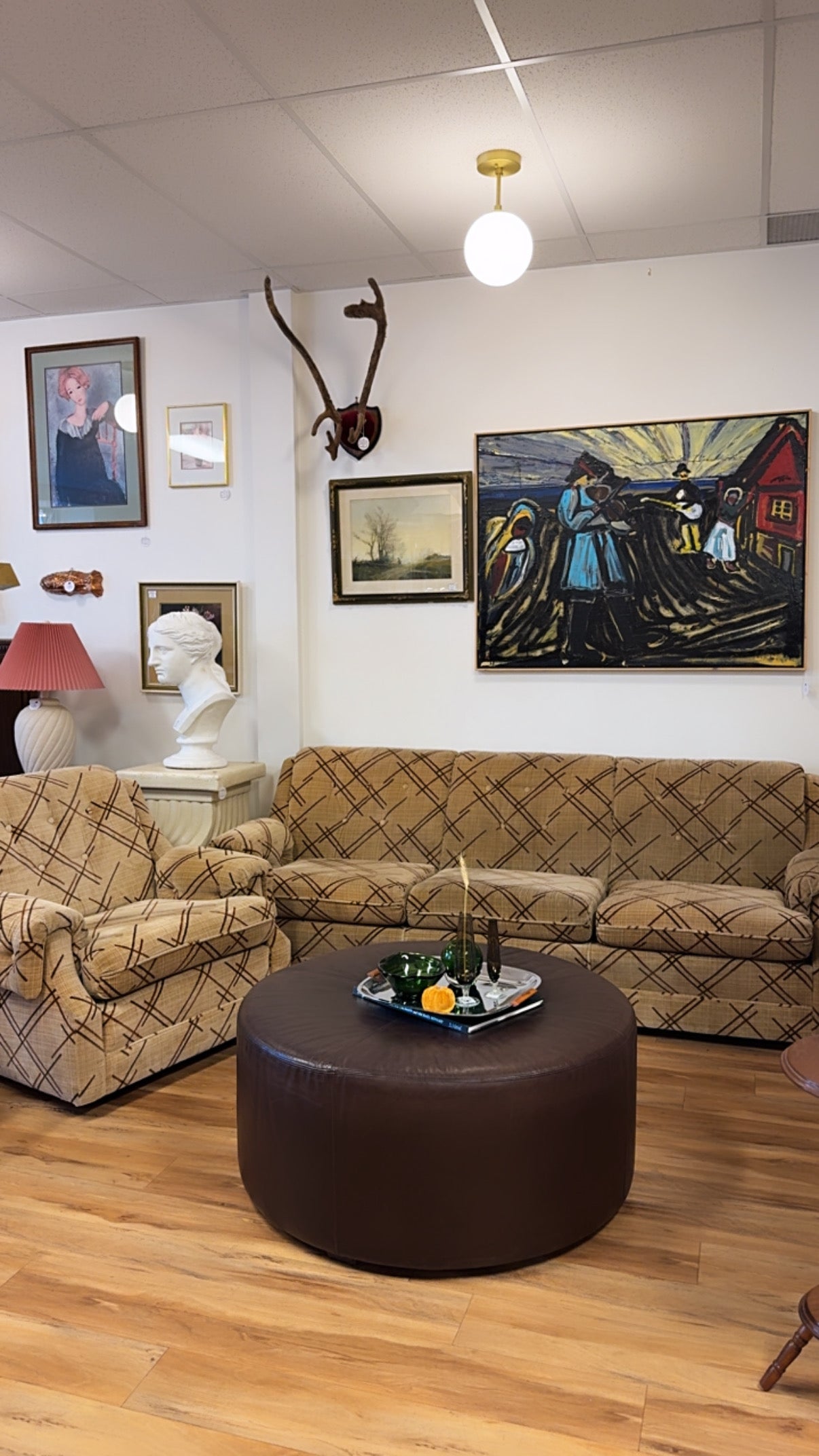 Vintage 1980s Retro Sofa & Chair Set – Crushed Velvet Plaid/Geometric