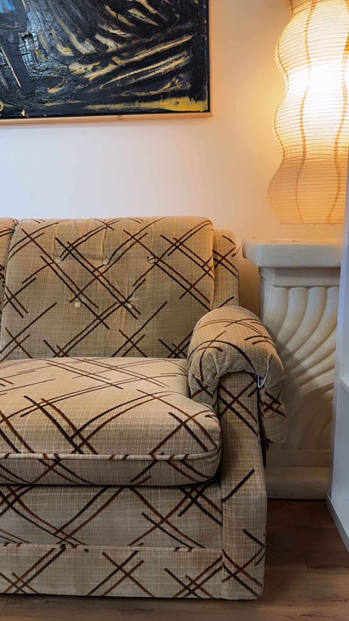 Vintage 1980s Retro Sofa & Chair Set – Crushed Velvet Plaid/Geometric