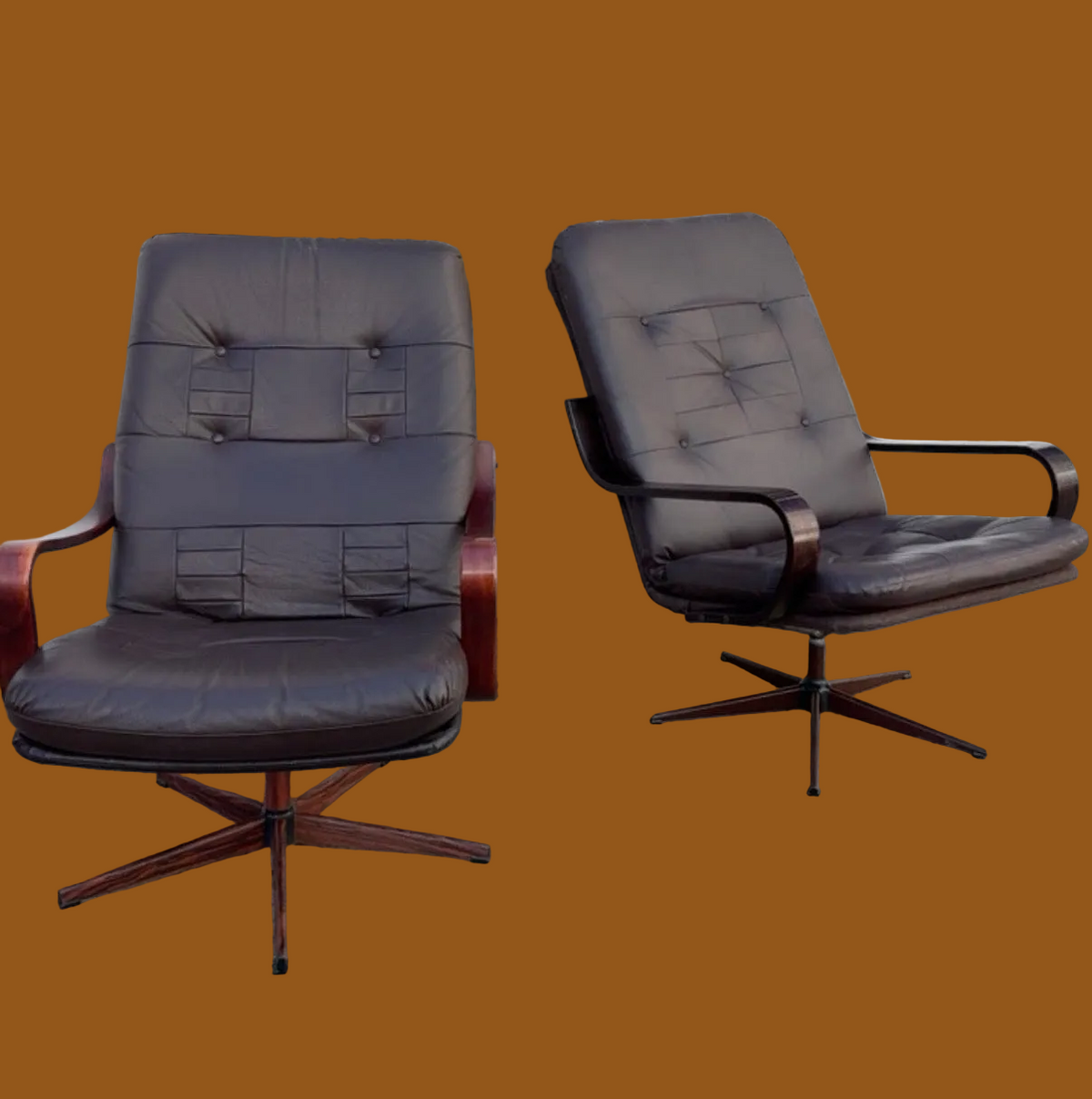 MID-CENTURY MODERN PATCHWORK DANISH BROWN SWIVEL CHAIR