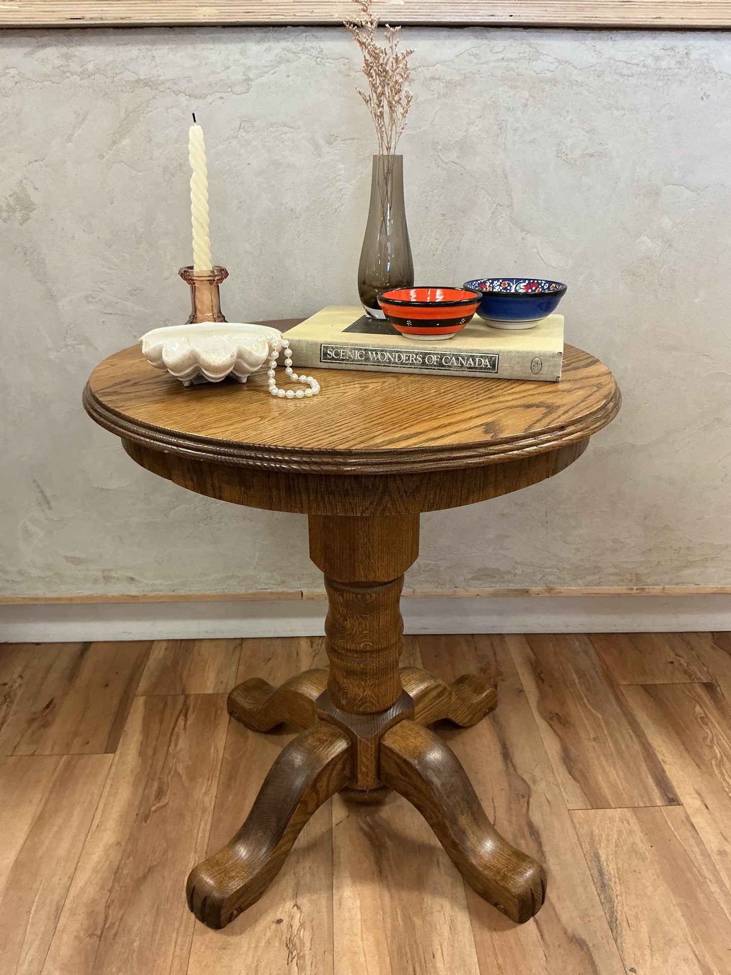 Solid Oak Round Side Table with Carved Claw Feet