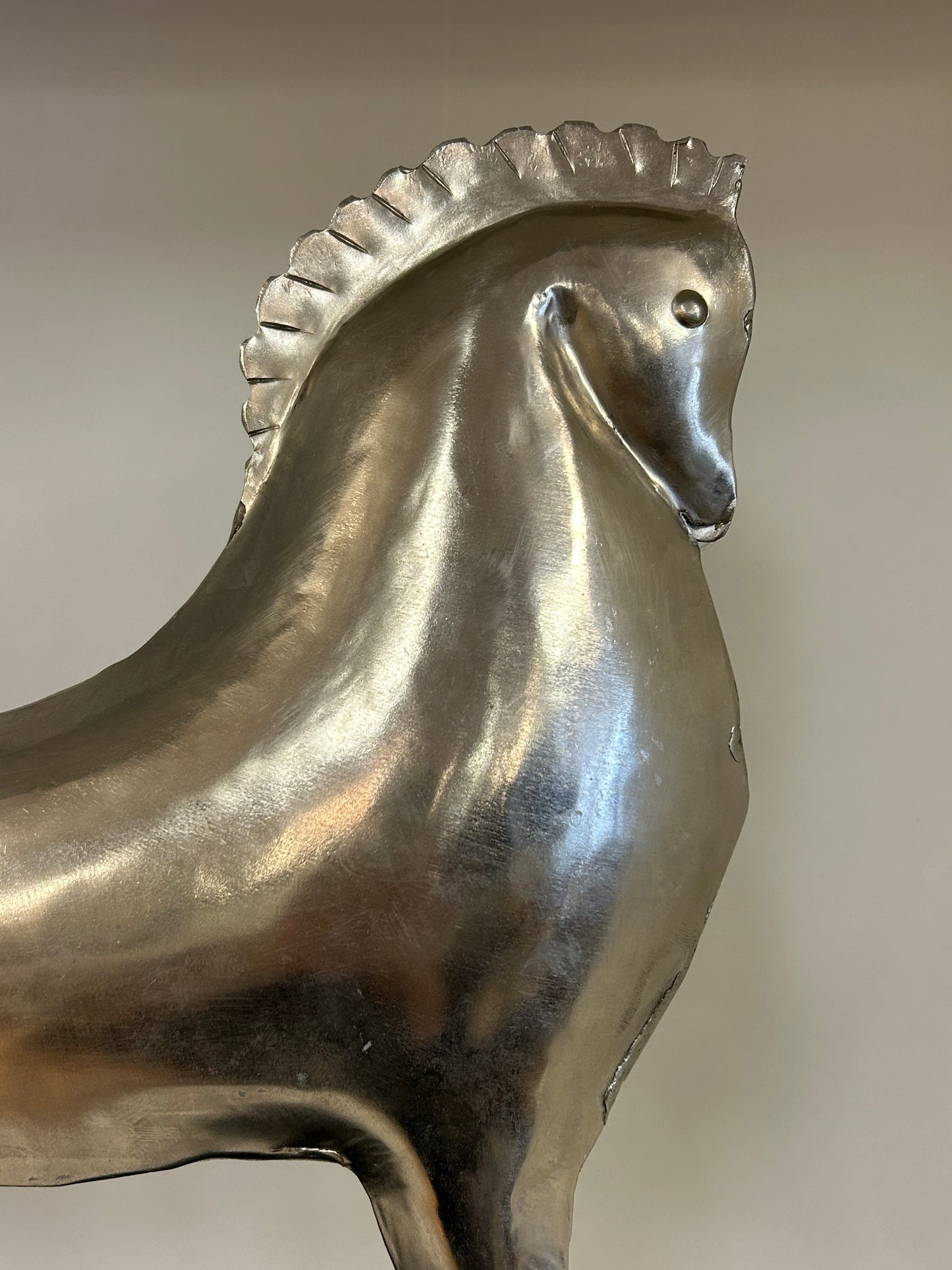 Tin Stallion Sculpture On Wood Base