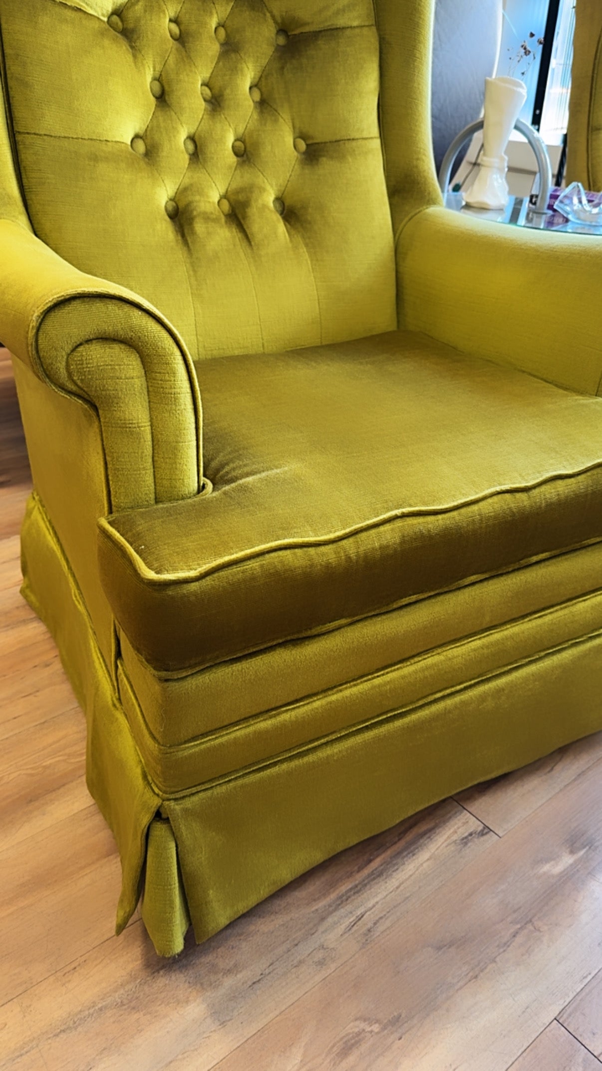 Vintage 1970s Green Velvet Tufted Swivel Rocker Chairs