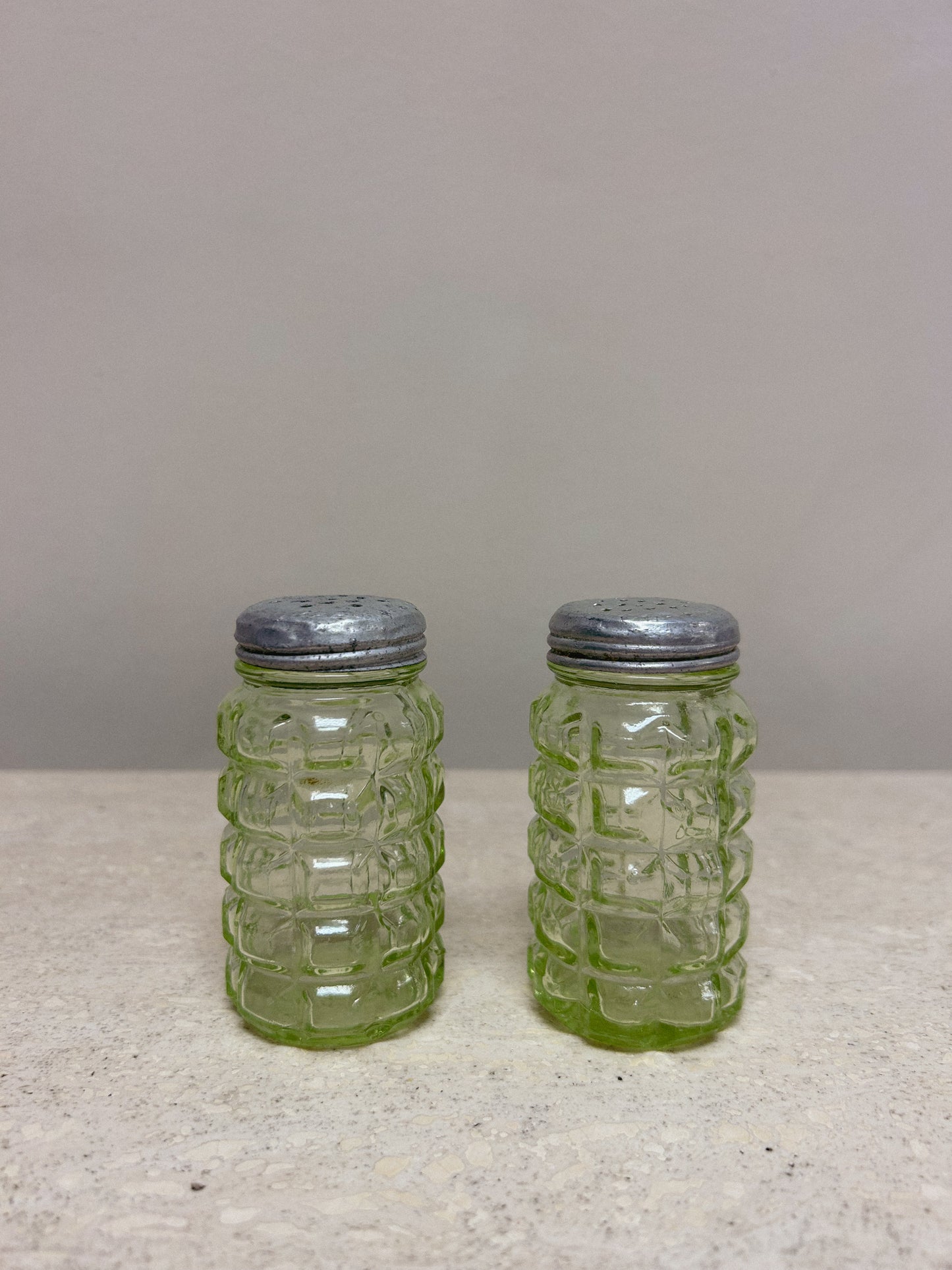 1930s Vintage Green Glass Salt & Pepper Shakers