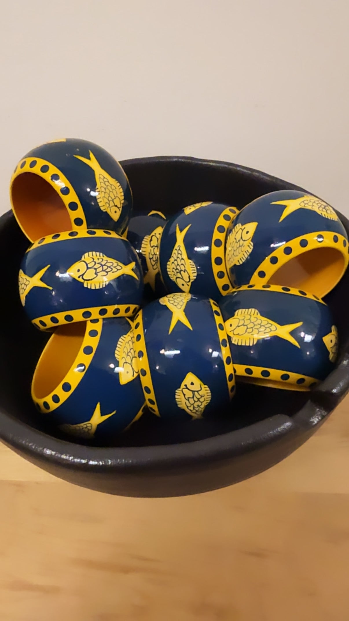 Set of 8 Vintage Hand-Painted Wooden Napkin Rings