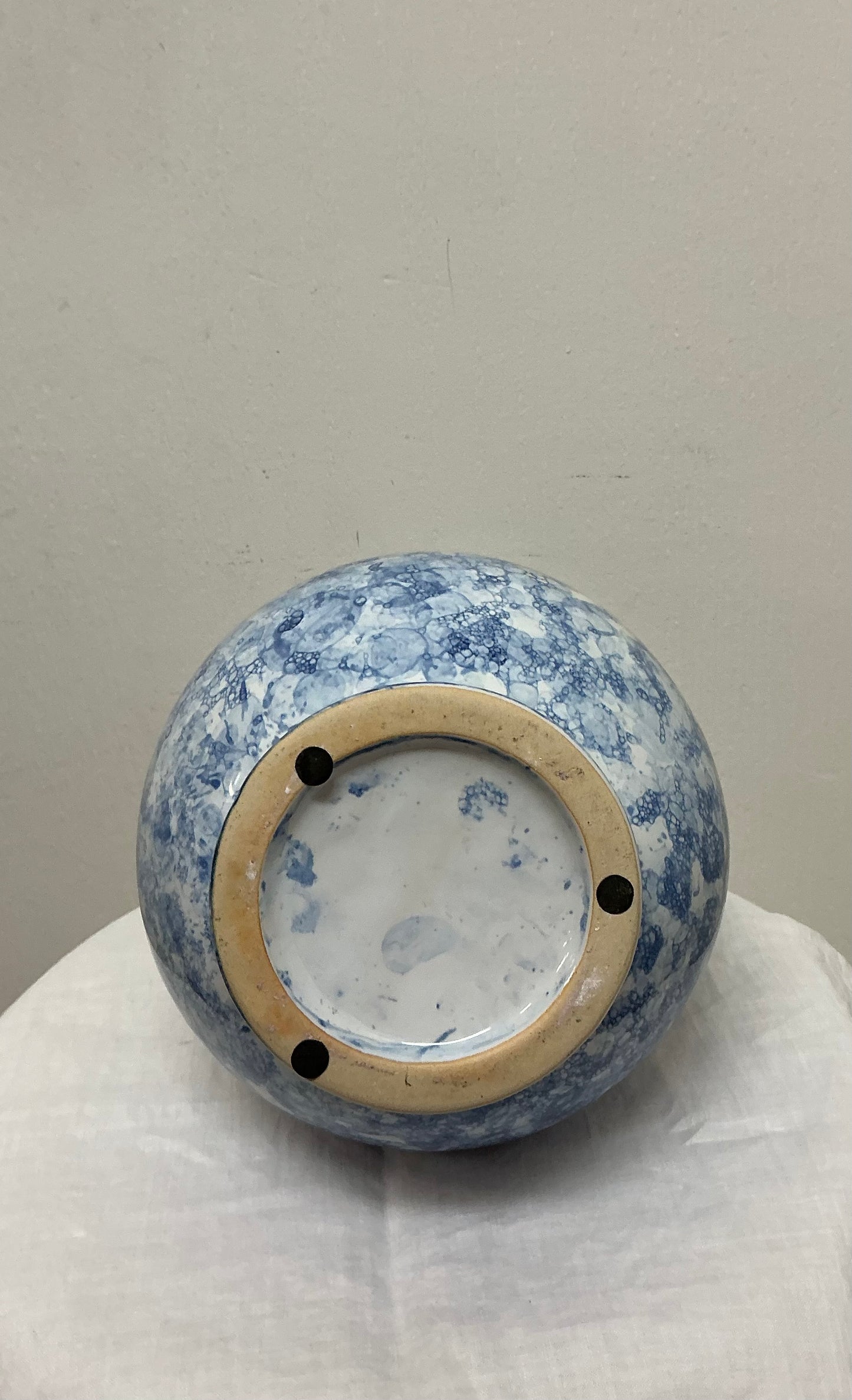 Blue & White Spongeware Ceramic Pitcher with Integrated Flower Frog
