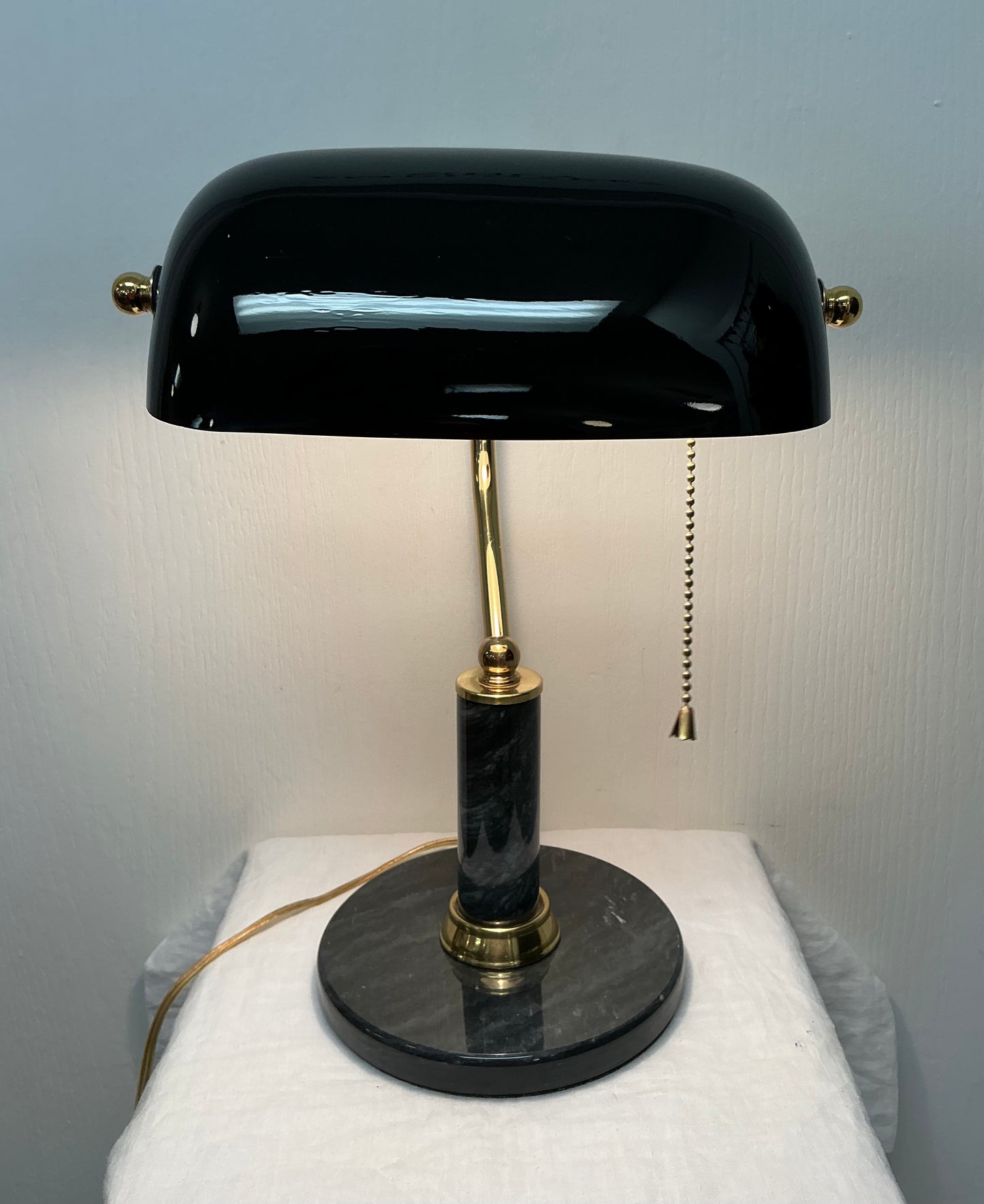Black Brass & Marble Banker’s Desk Lamp with Glass Shade