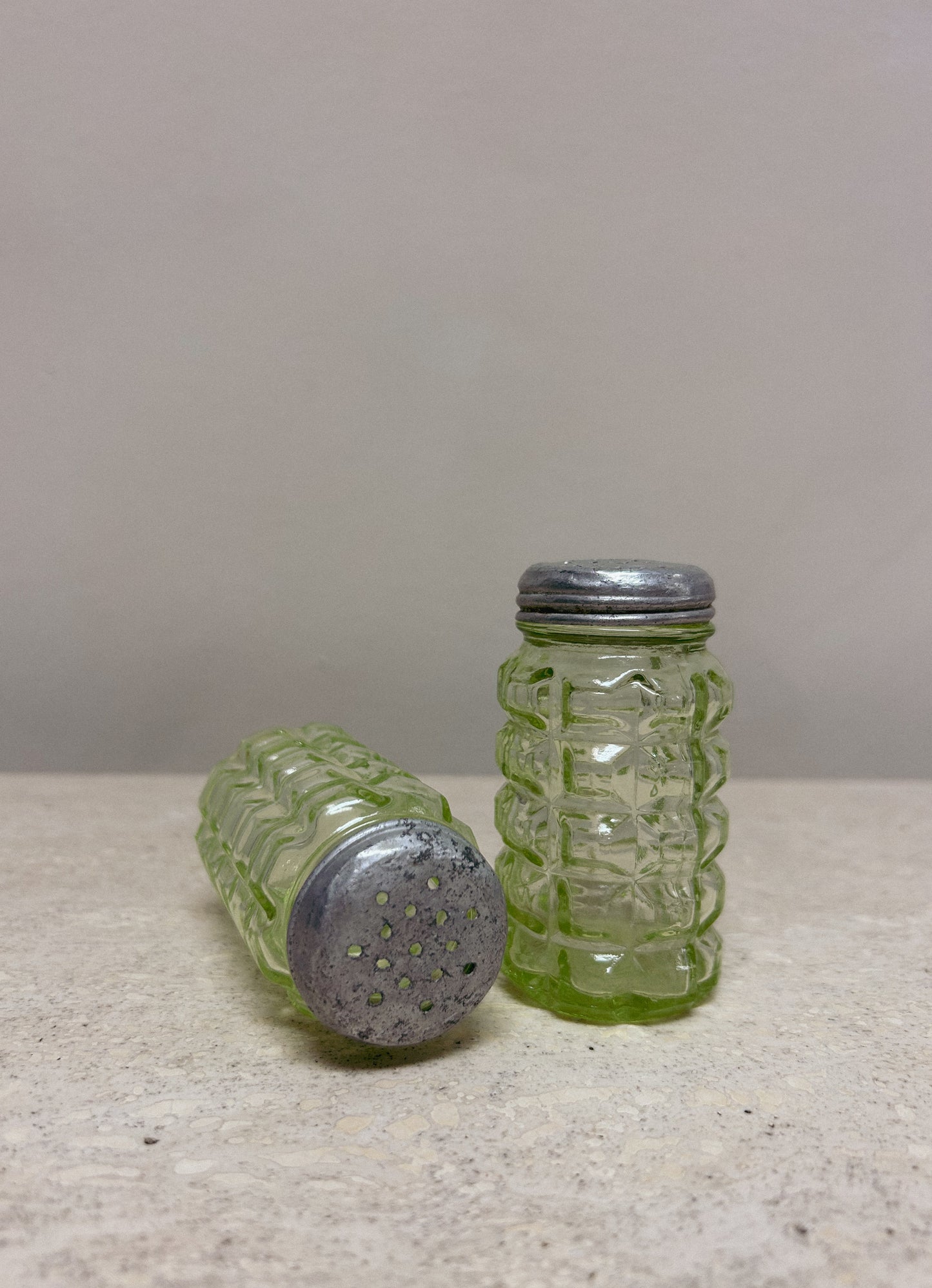 1930s Vintage Green Glass Salt & Pepper Shakers