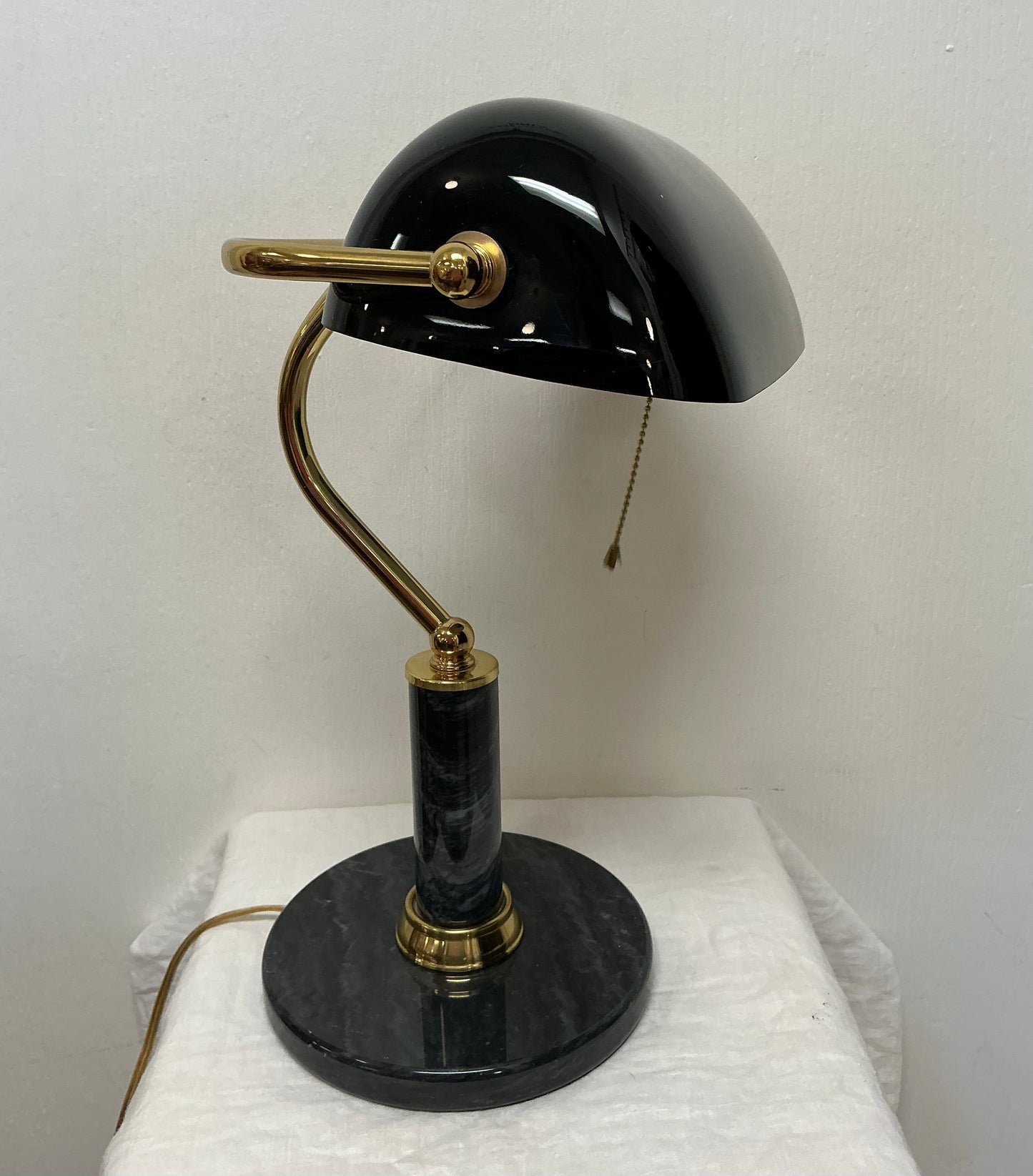 Black Brass & Marble Banker’s Desk Lamp with Glass Shade