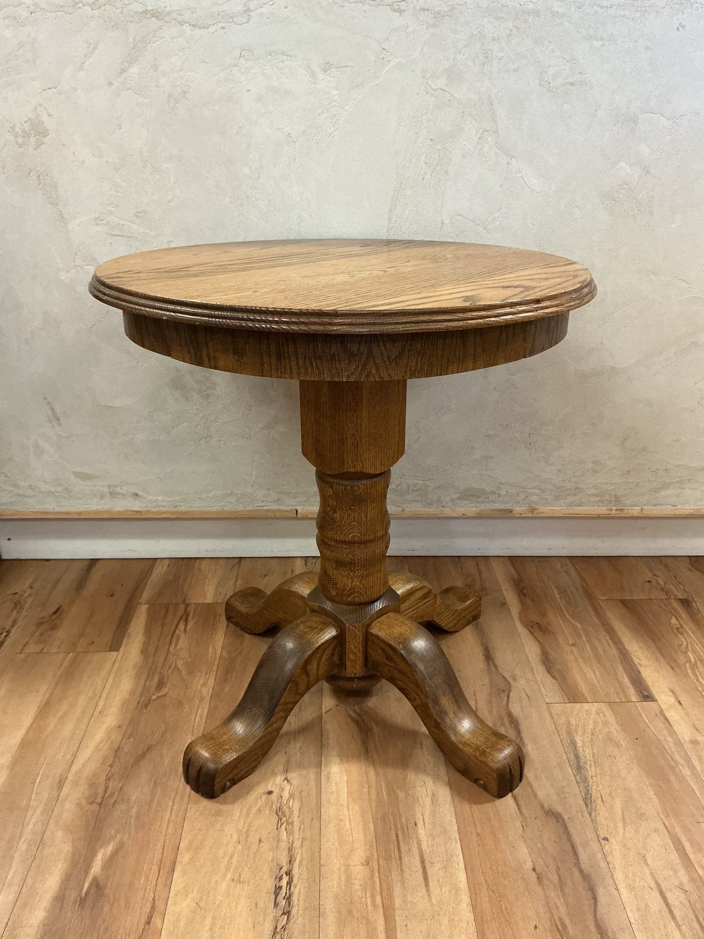 Solid Oak Round Side Table with Carved Claw Feet