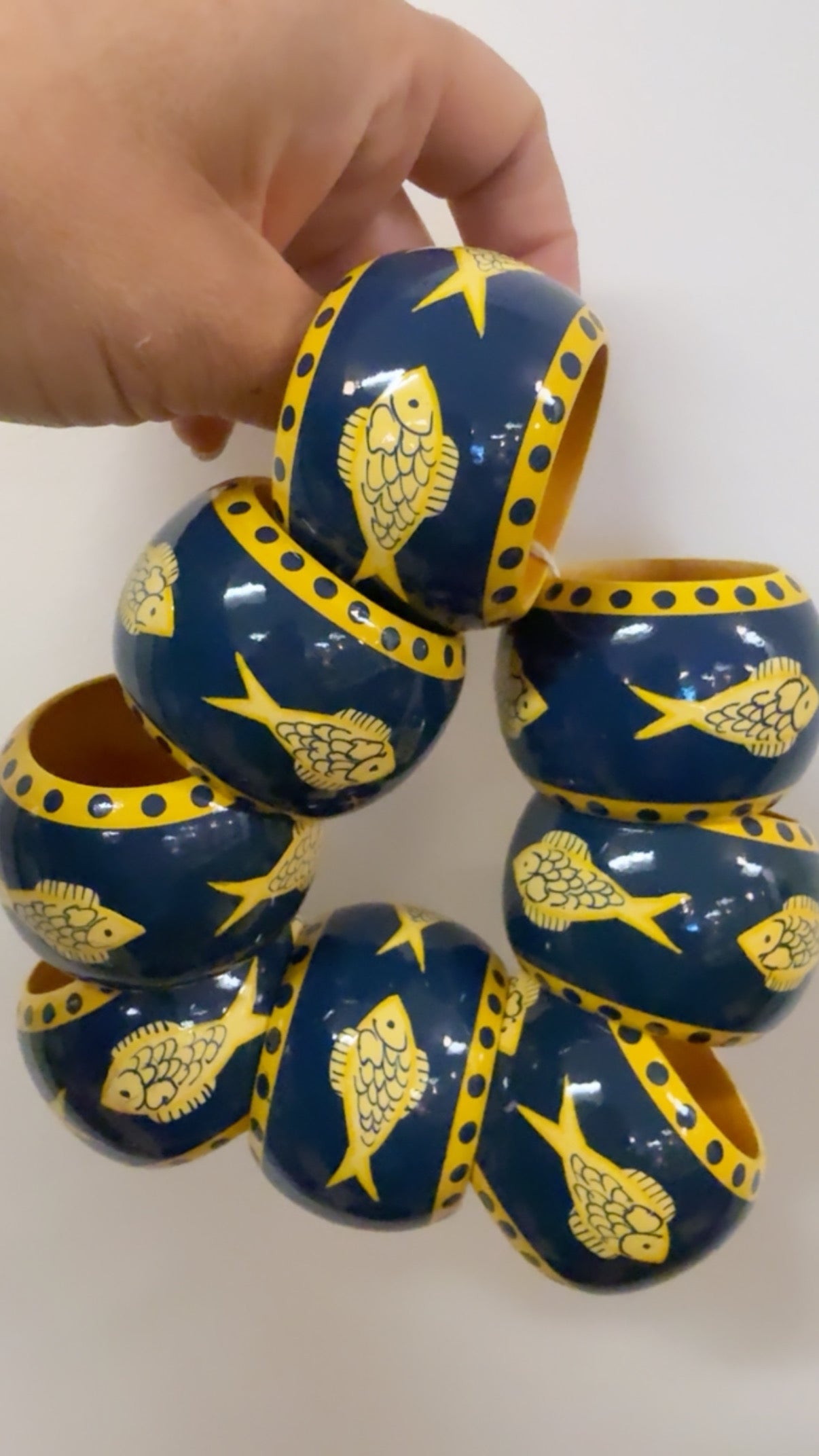 Set of 8 Vintage Hand-Painted Wooden Napkin Rings