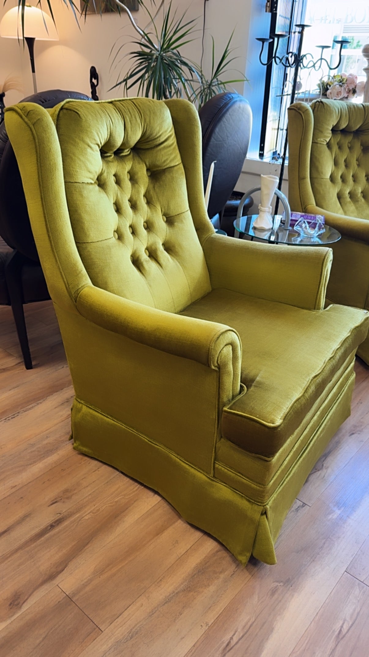 Vintage 1970s Green Velvet Tufted Swivel Rocker Chairs
