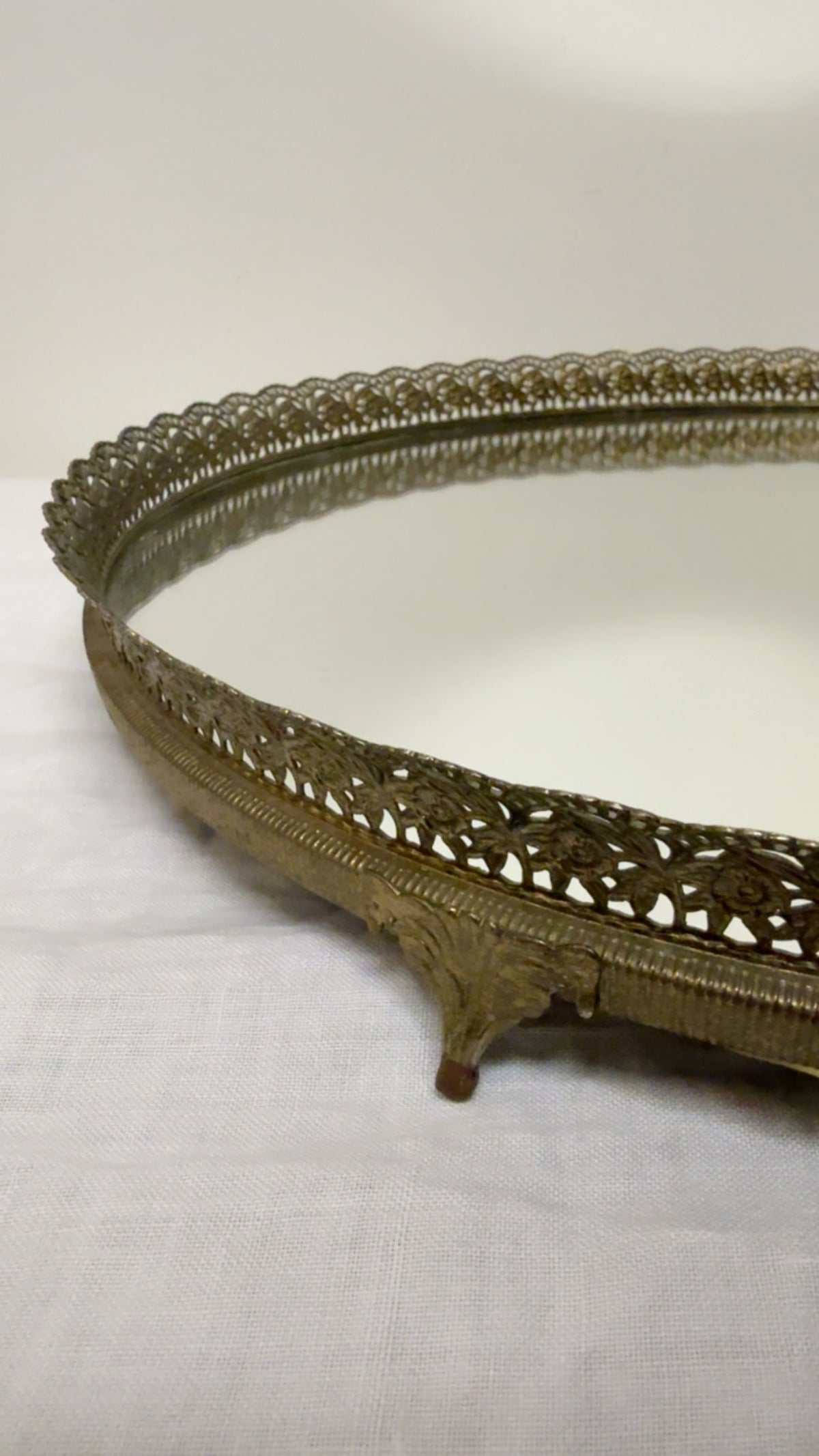 Vintage Oval Gold Filigree Vanity Mirror Tray