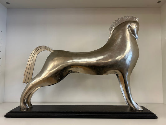 Tin Stallion Sculpture On Wood Base