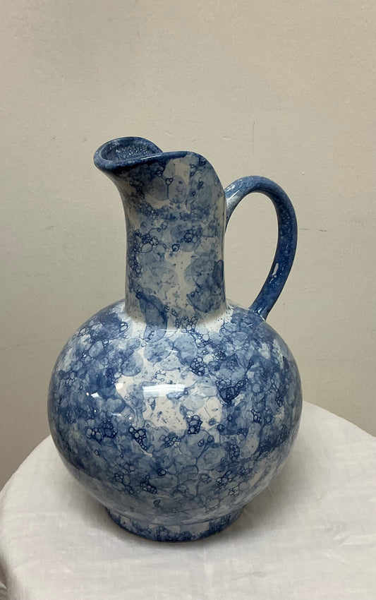 Blue & White Spongeware Ceramic Pitcher with Integrated Flower Frog