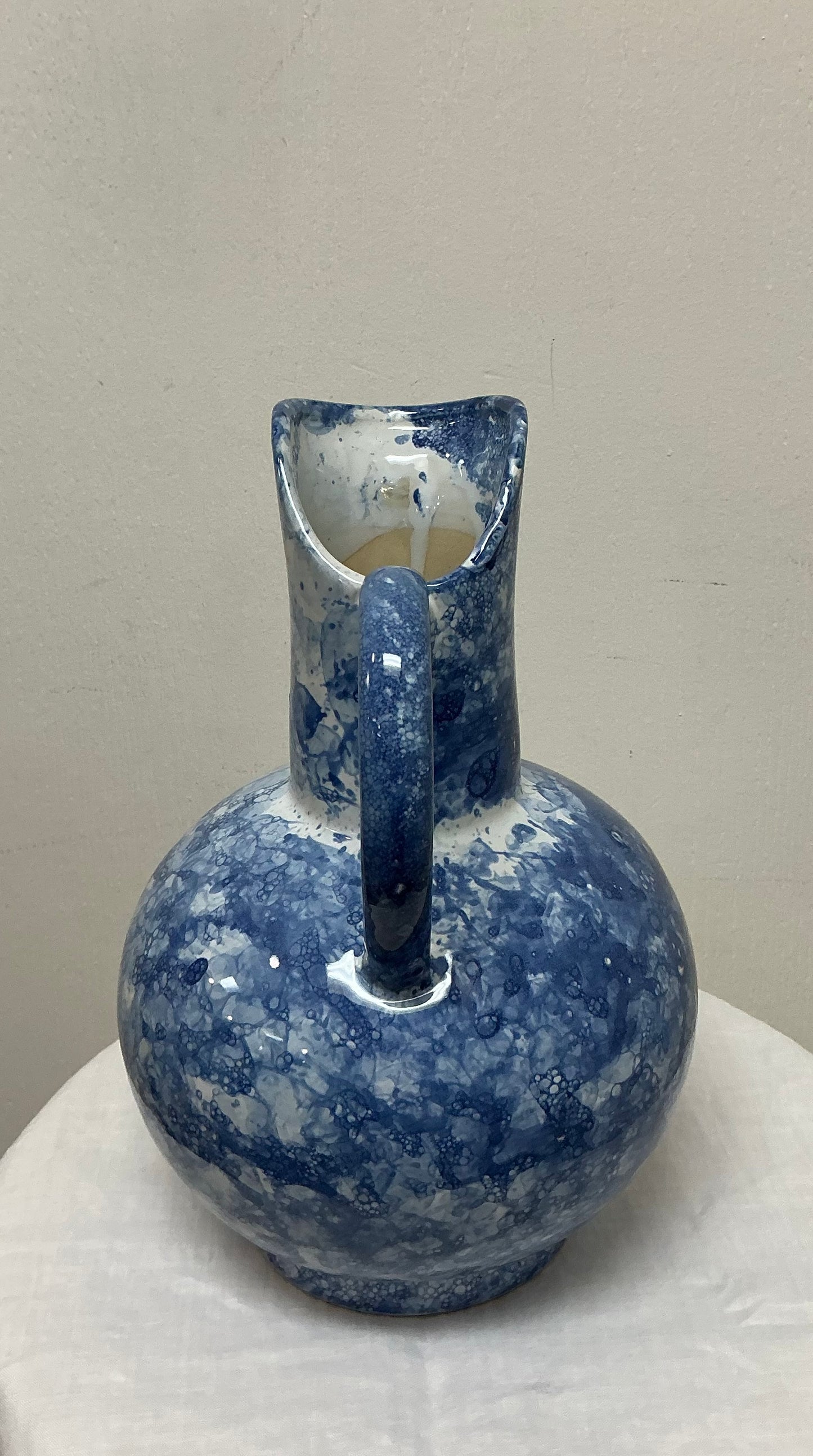 Blue & White Spongeware Ceramic Pitcher with Integrated Flower Frog