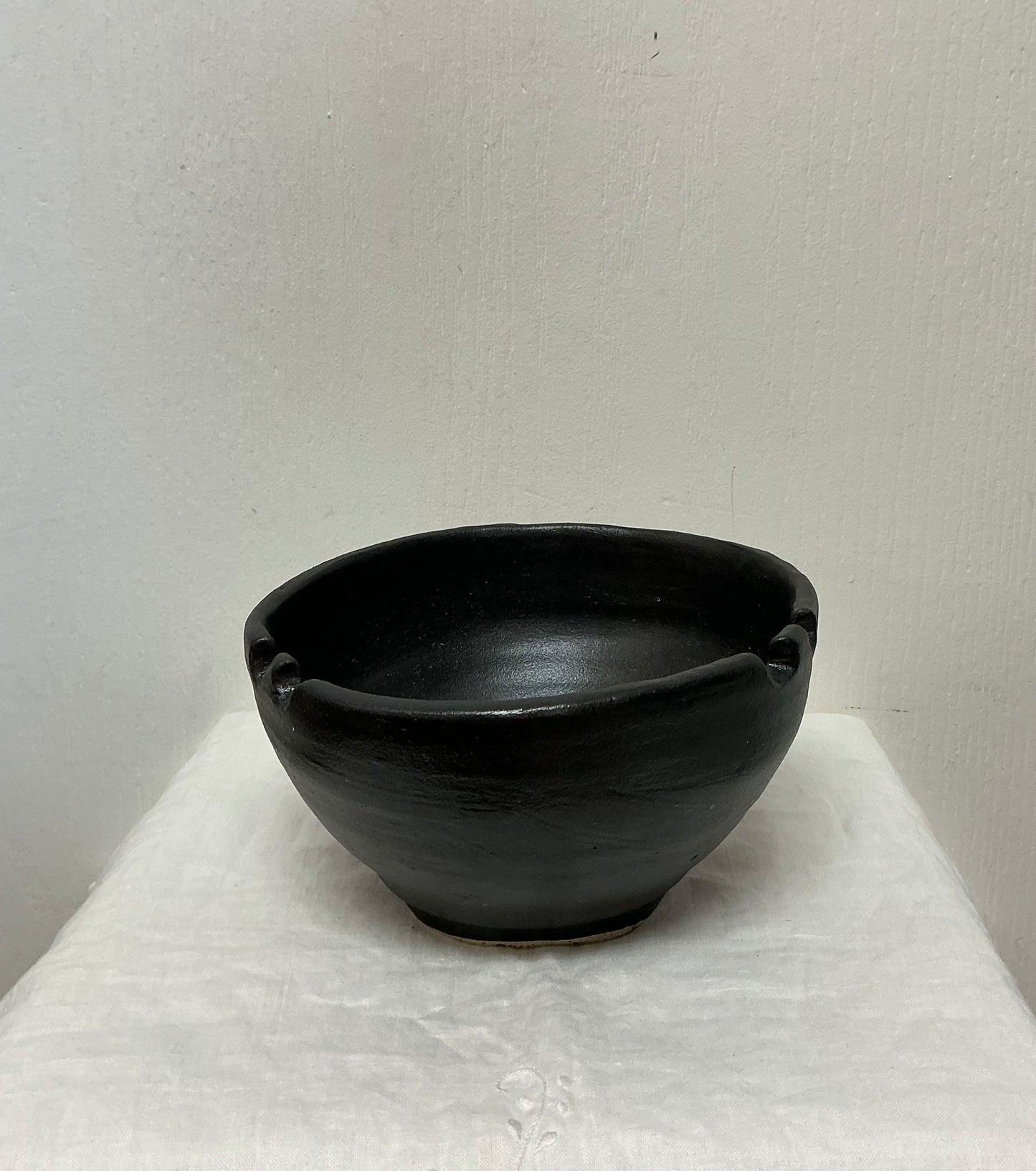 Irregular Organic Studio Pottery Black Soup Bowl with Chopstick Holder