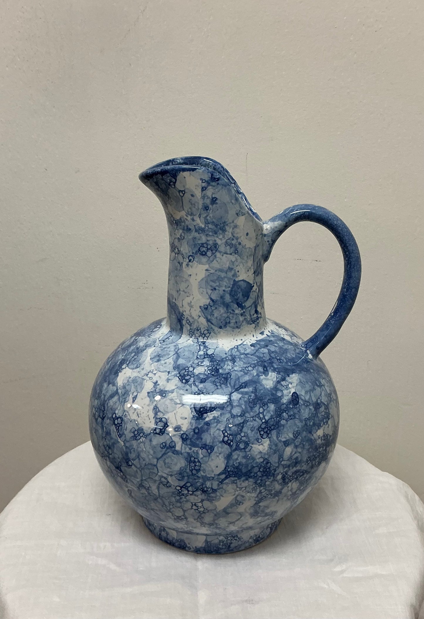Blue & White Spongeware Ceramic Pitcher with Integrated Flower Frog