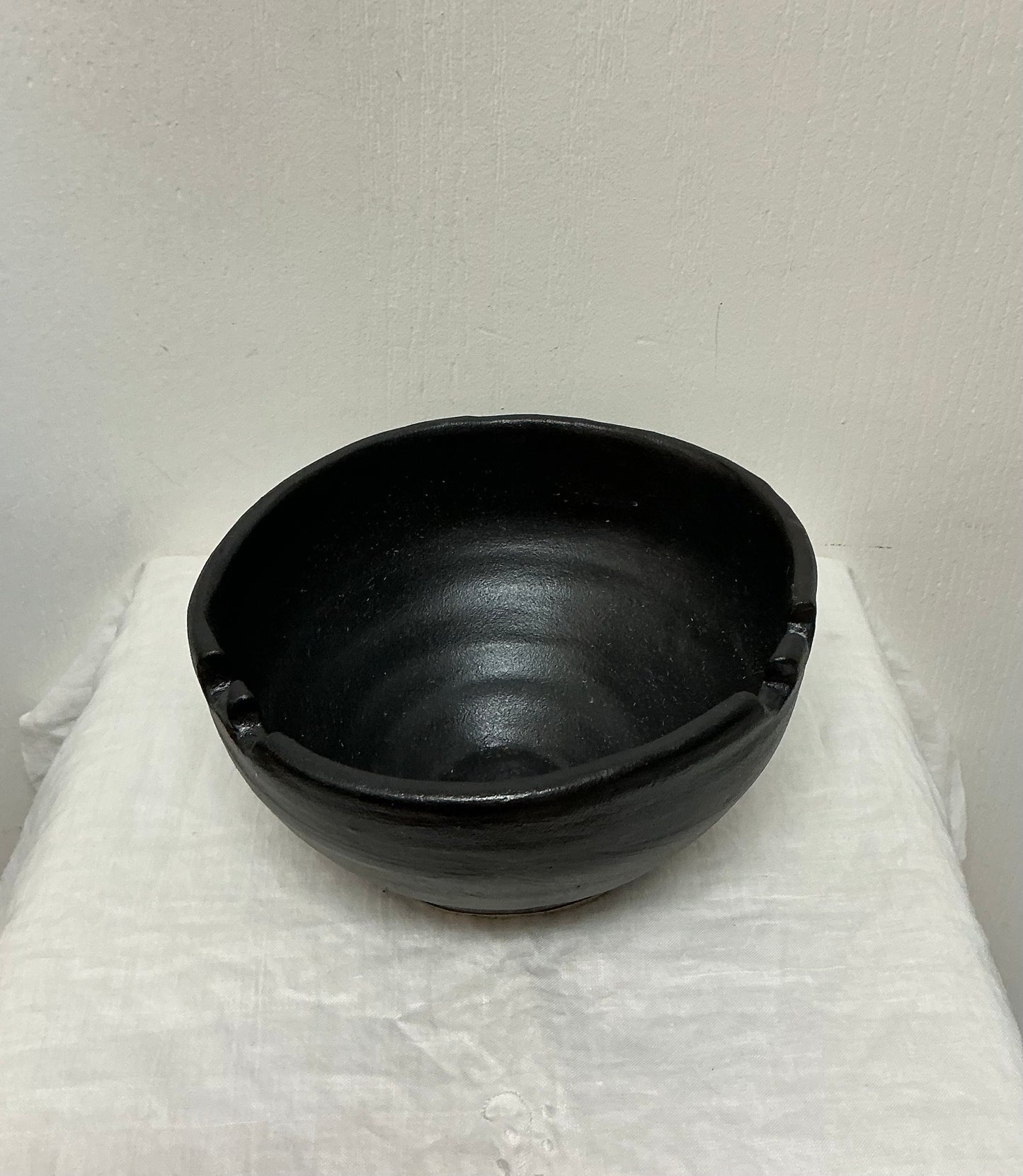 Irregular Organic Studio Pottery Black Soup Bowl with Chopstick Holder