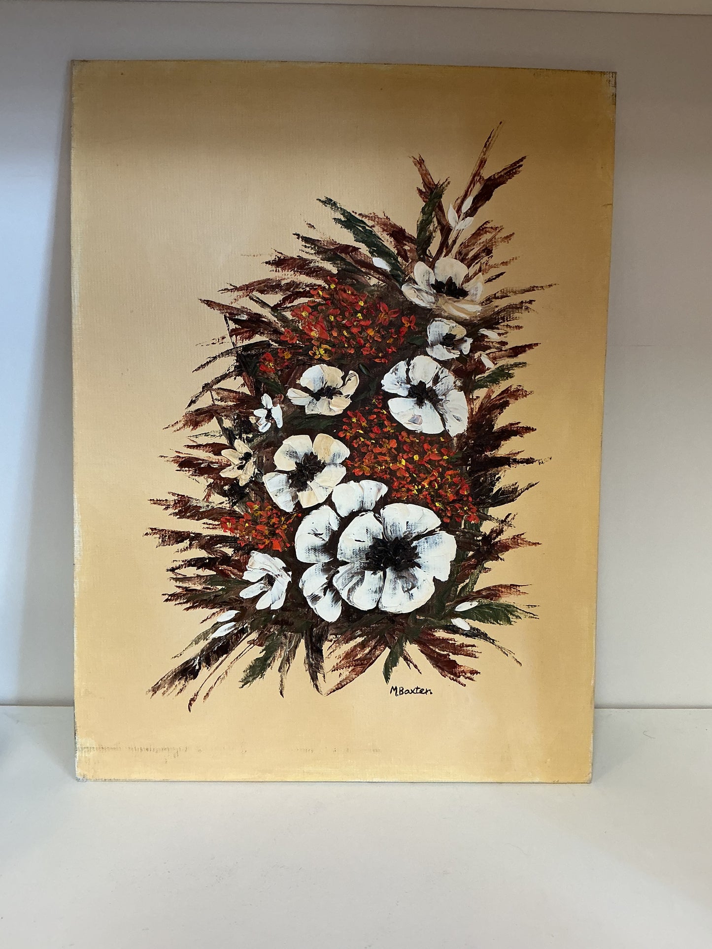 ORIGINAL TEXTURED FLORAL PAINTING
SIGNED M. BAXTER