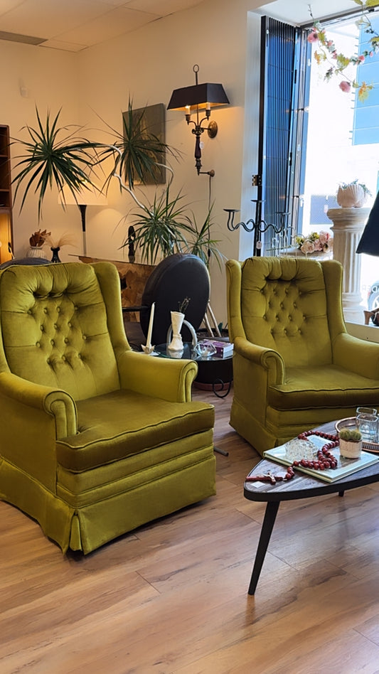Vintage 1970s Green Velvet Tufted Swivel Rocker Chairs