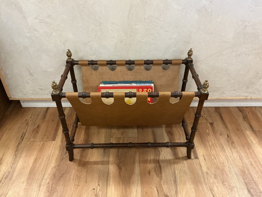 Jacques Adnet Style Faux Bamboo & Leather Magazine Rack