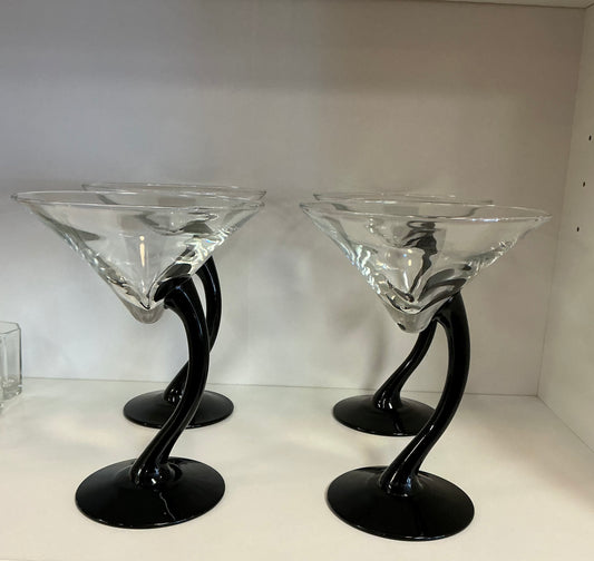 Vintage Martini Glasses with Curved Black Stem