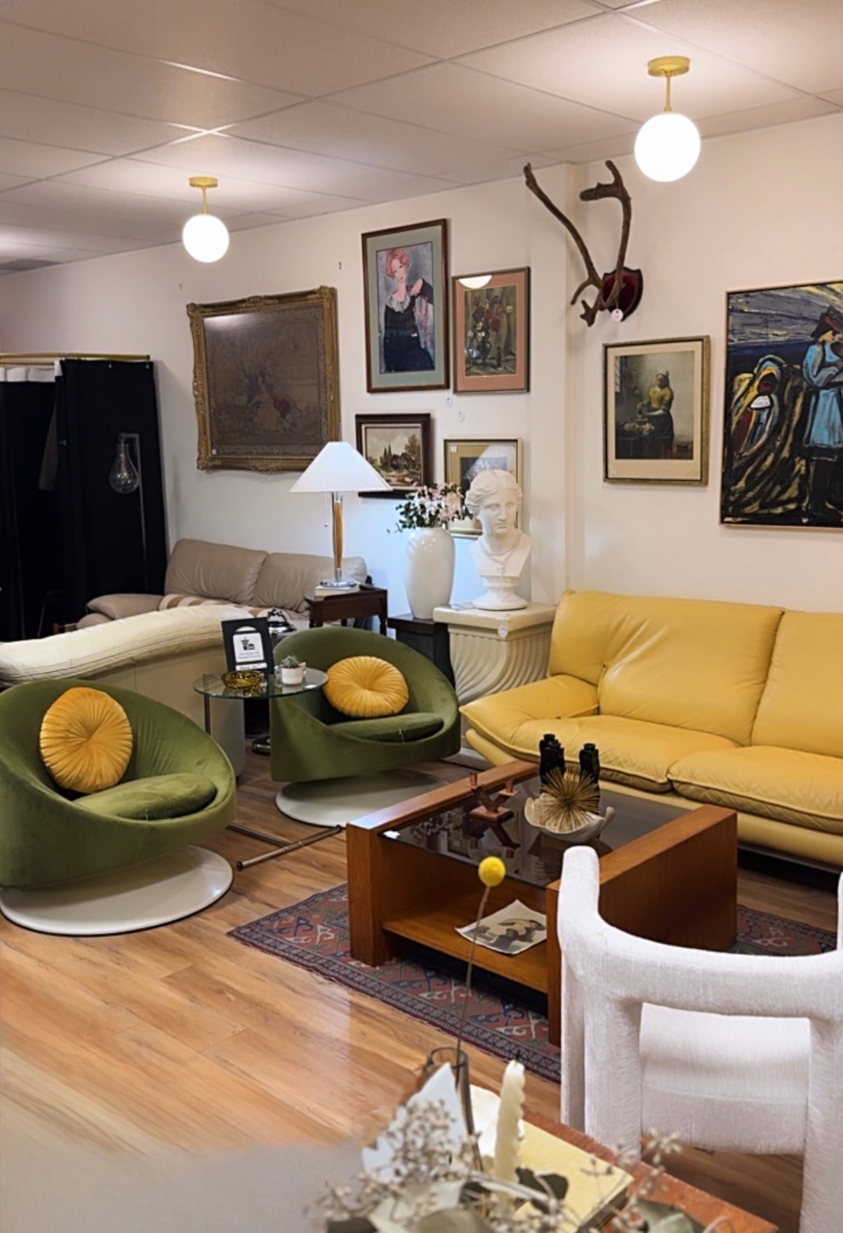 Rare Space Age Avocado Green Velvet Swivel Tulip Chairs