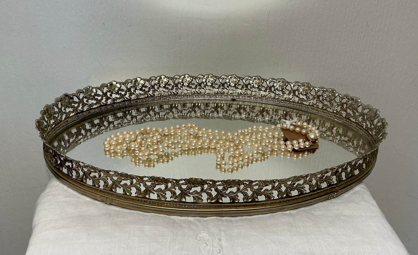 Vintage Oval Gold Filigree Vanity Mirror Tray