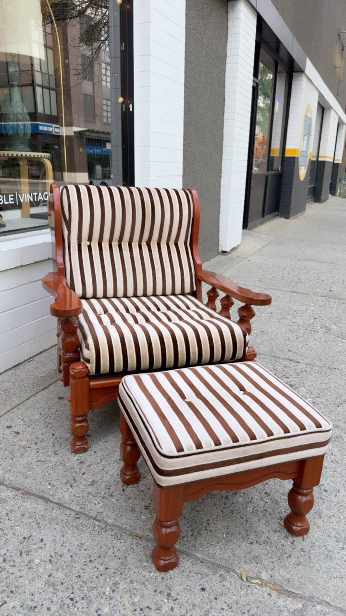 1970s Danish-Style Carved Oak Lounge Chairs with Ottoman