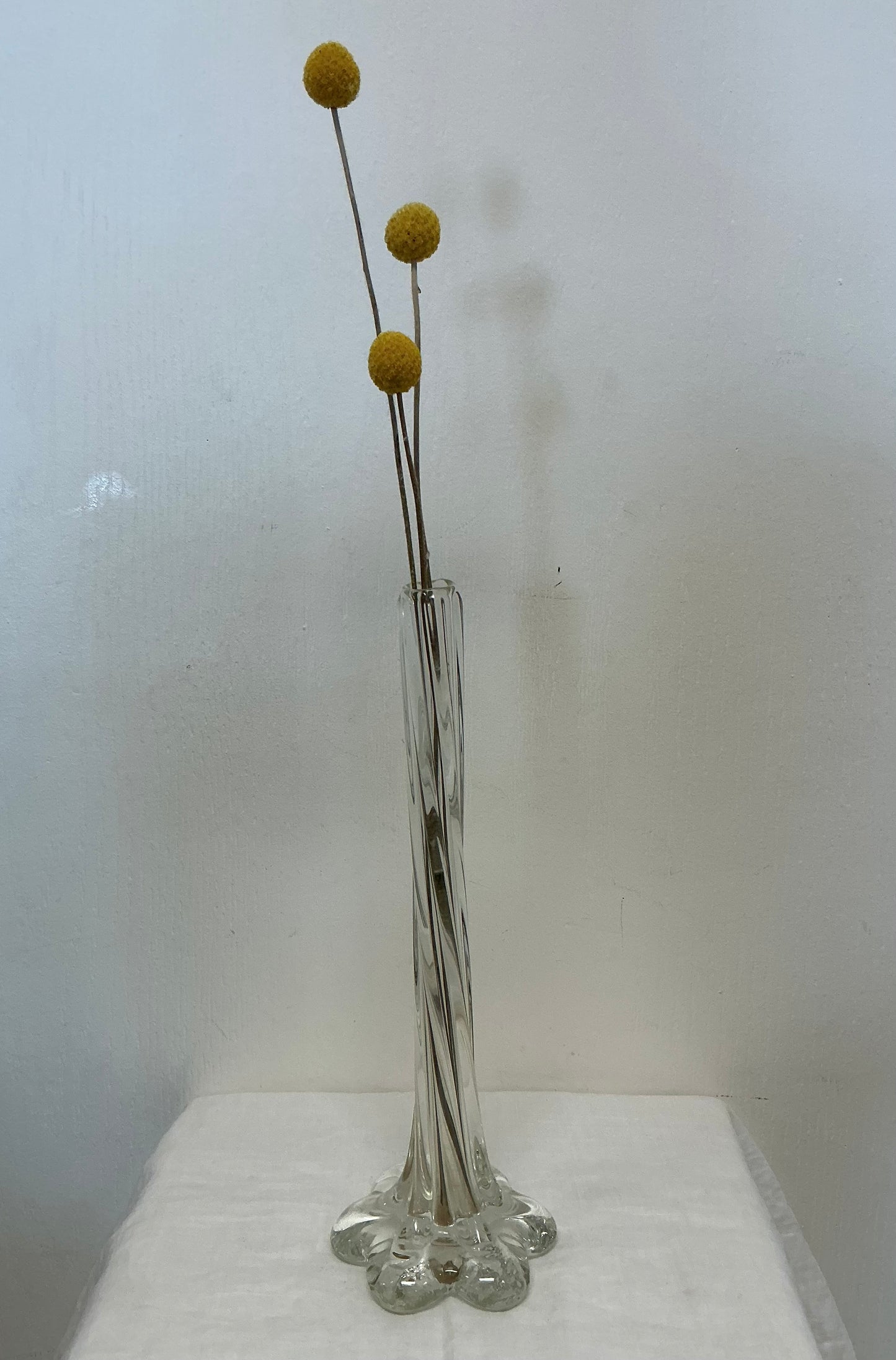 Tall Twisted Clear Glass Ribbed Footed Vase