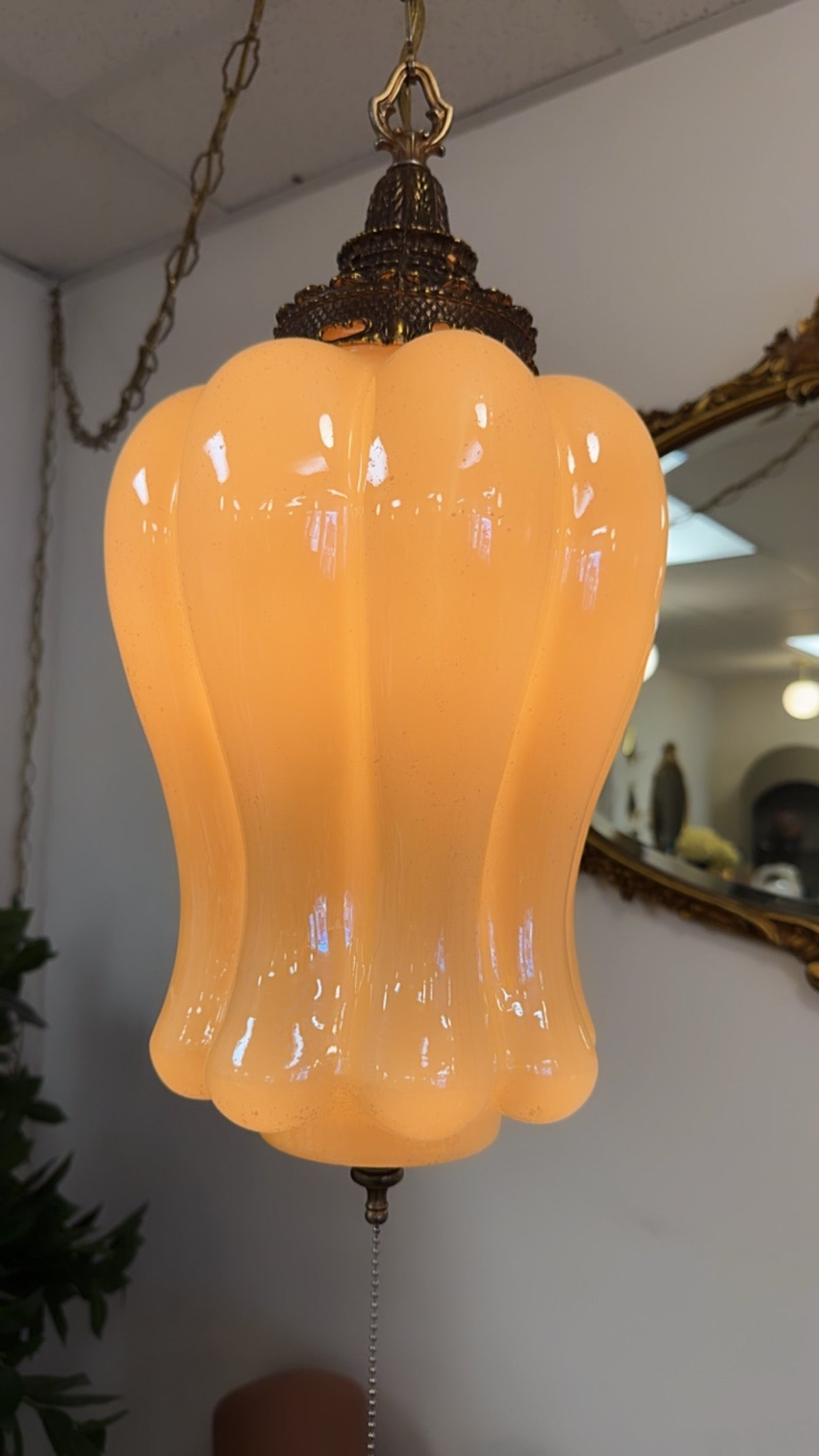 Stunning 70s Peach Luster Globe Swag Pendant Light