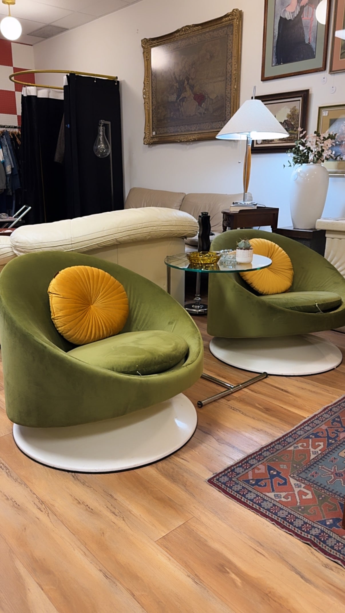 Rare Space Age Avocado Green Velvet Swivel Tulip Chairs