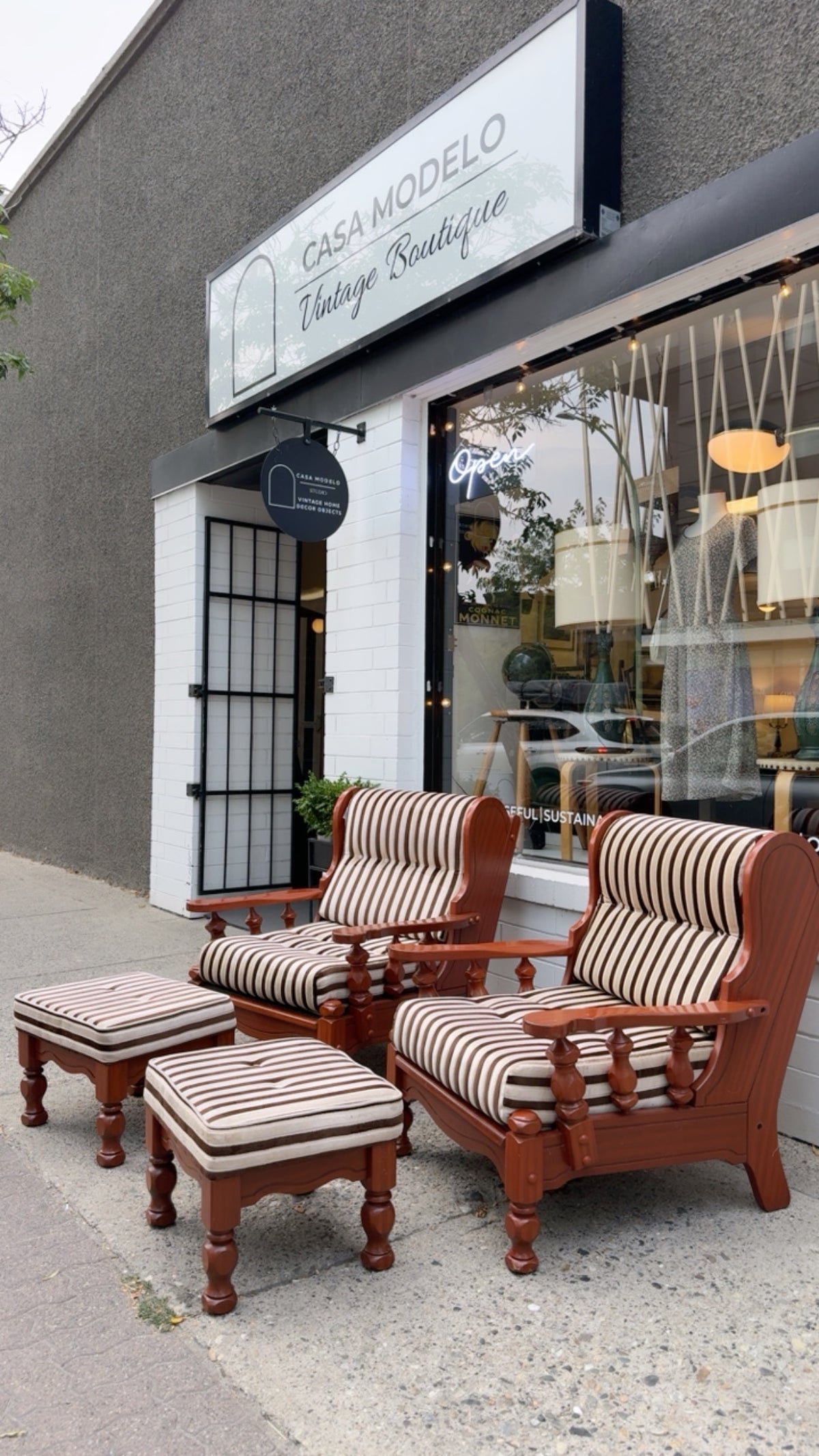 1970s Danish-Style Carved Oak Lounge Chairs with Ottoman