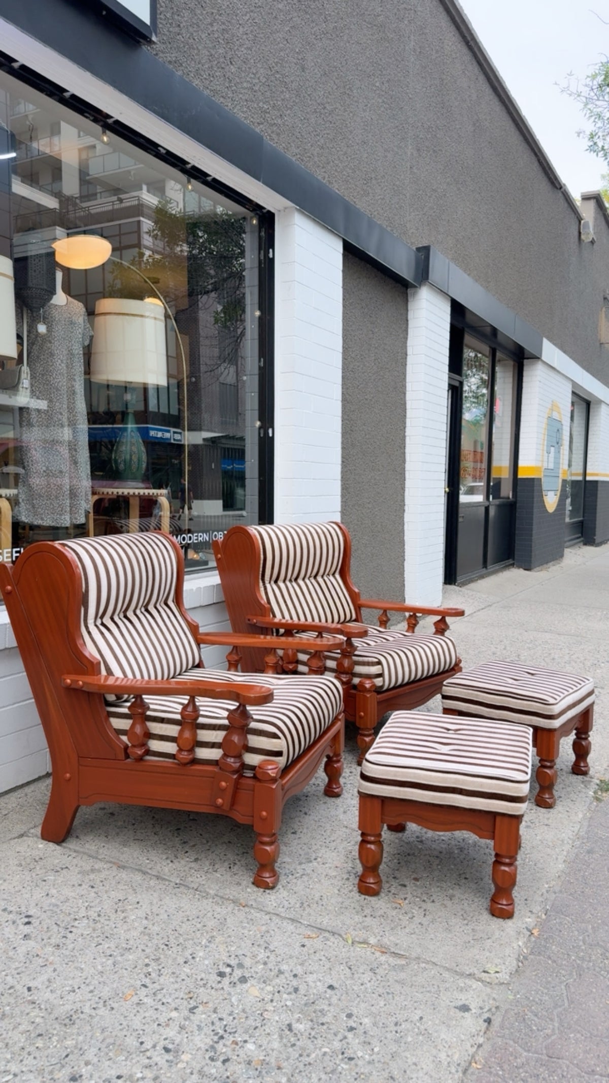 1970s Danish-Style Carved Oak Lounge Chairs with Ottoman