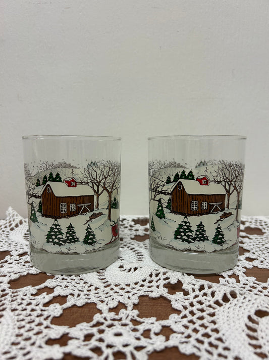 Vintage Christmas Winter Scene Eggnog Glasses