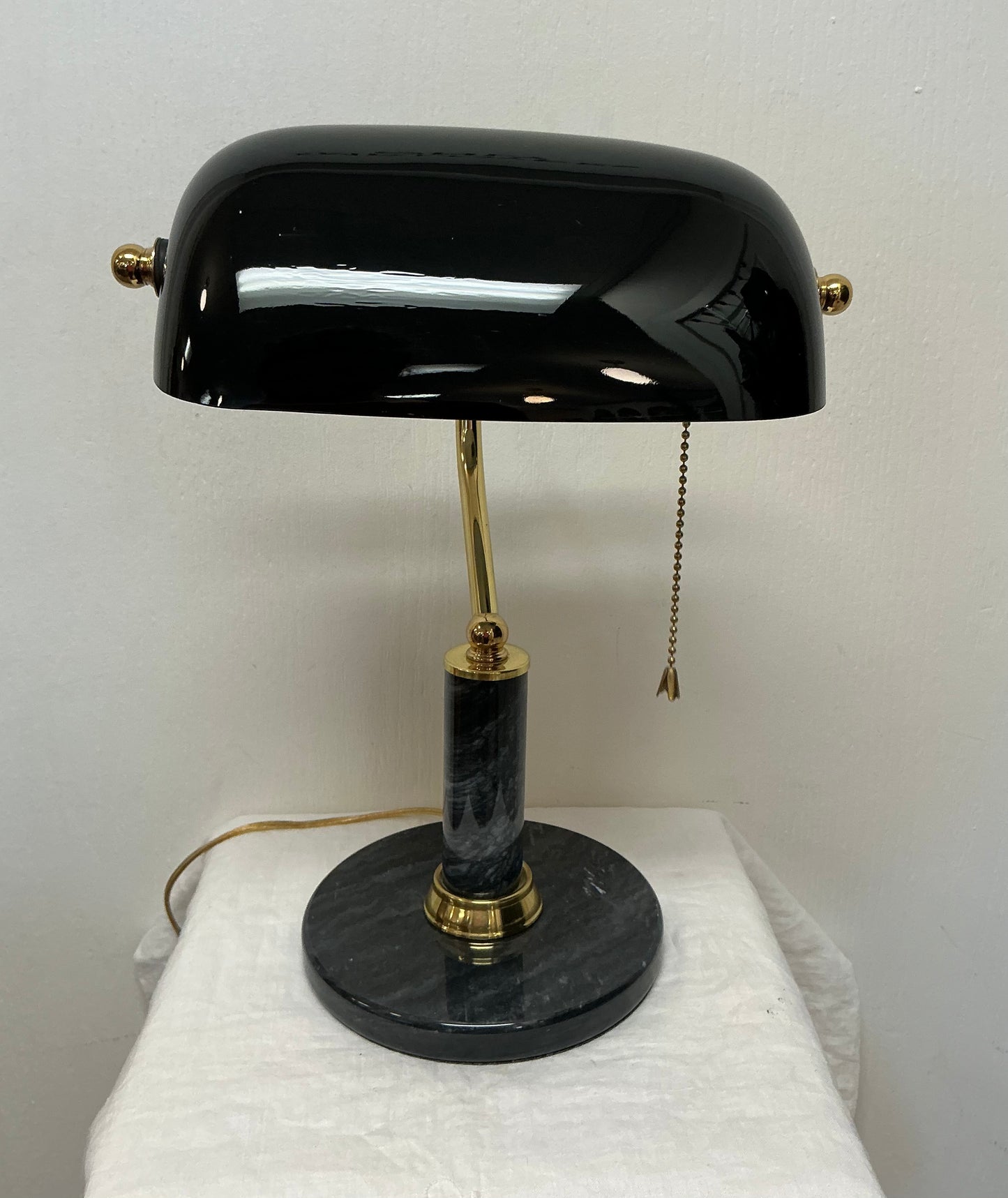 Black Brass & Marble Banker’s Desk Lamp with Glass Shade