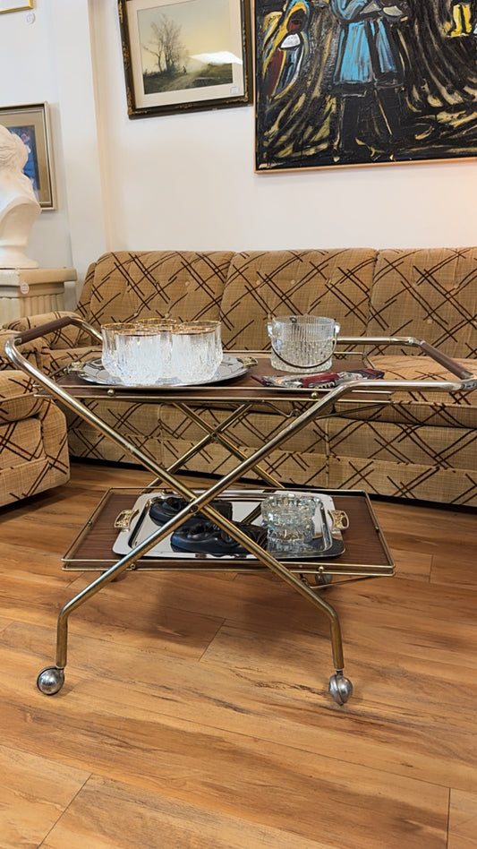 Vintage Mid-Century Modern Brass & Wood Veneer Bar Cart