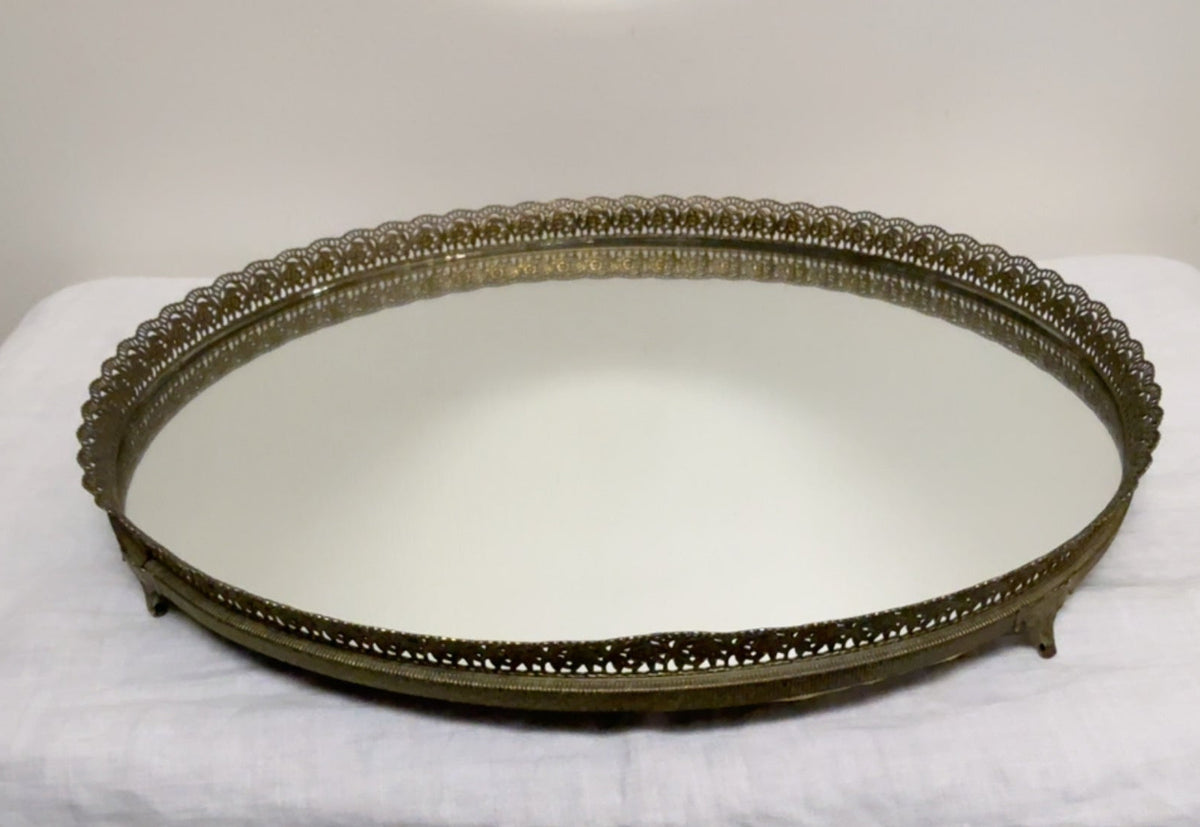 Vintage Oval Gold Filigree Vanity Mirror Tray