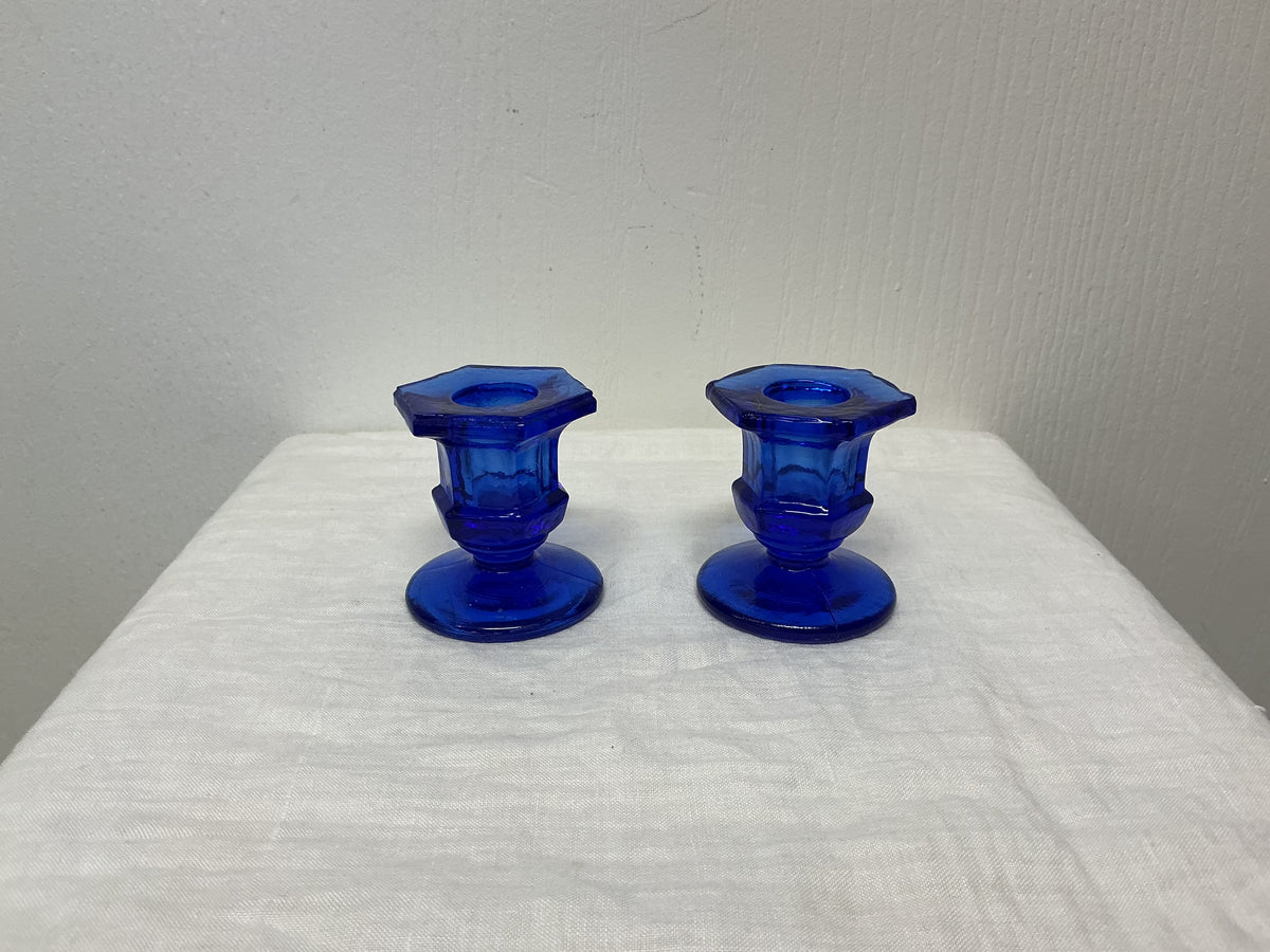 Vintage Blue Glass Candlestick Holders