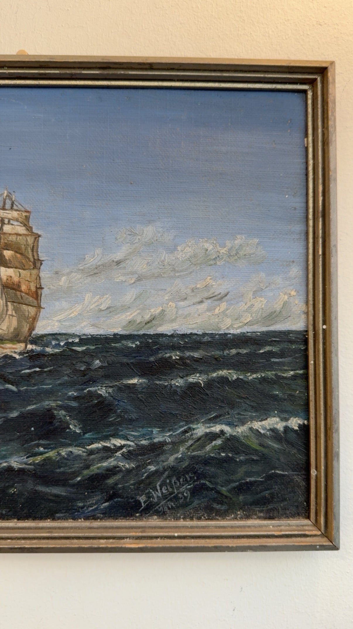 Original Oil Painting of Sail Ship, Dated 1939
