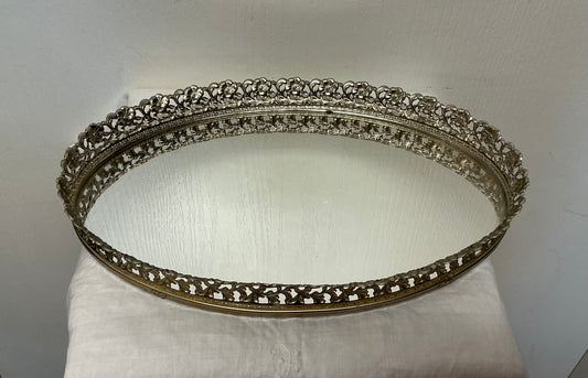 Vintage Oval Gold Filigree Vanity Mirror Tray
