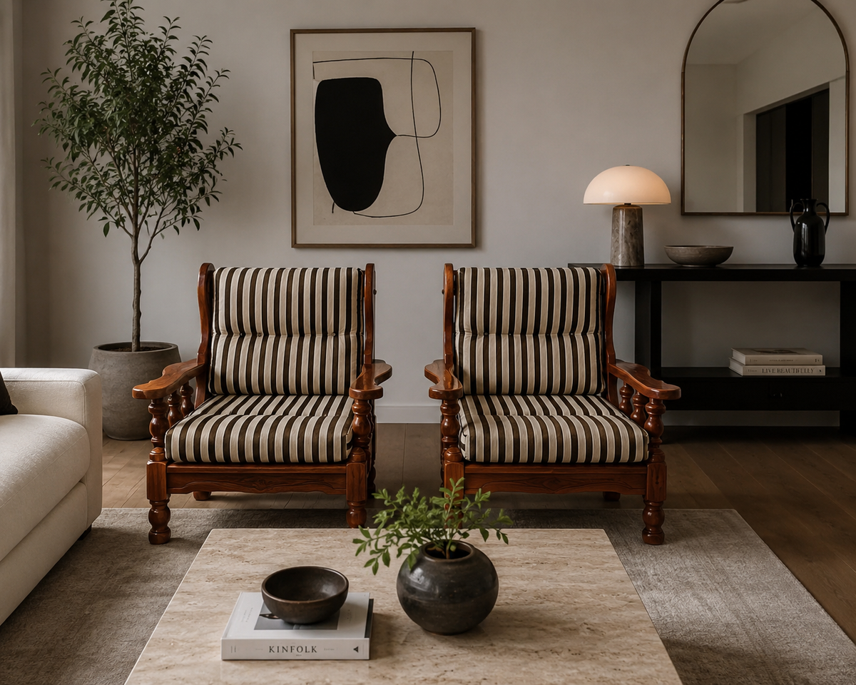 1970s Danish-Style Carved Oak Lounge Chairs with Ottoman